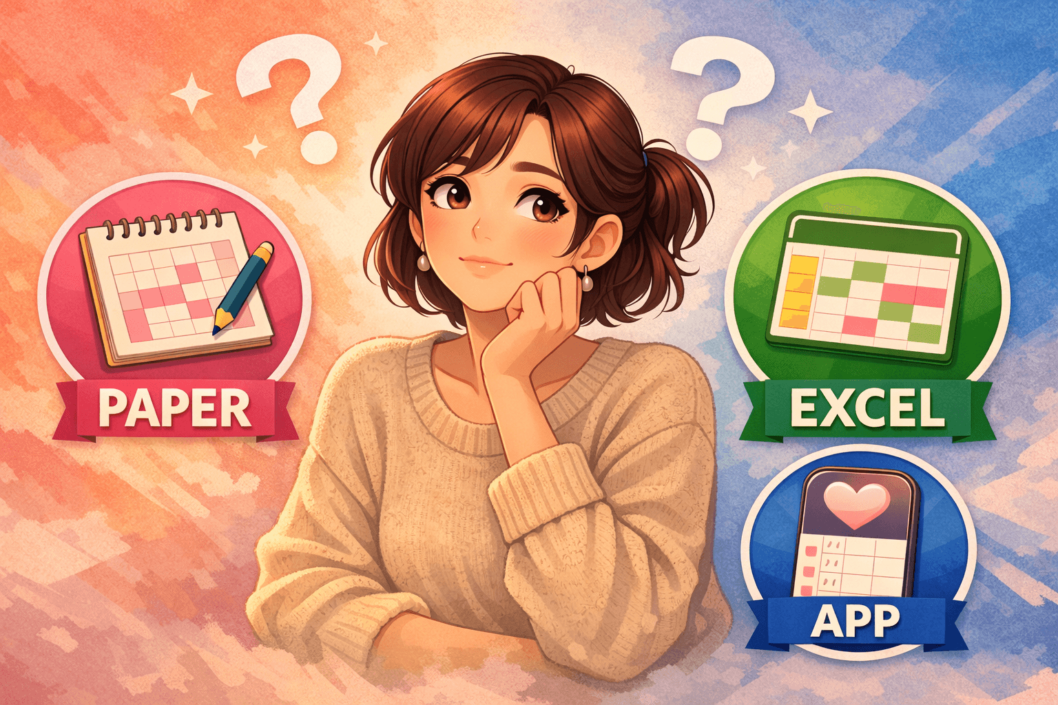 A calm illustrated woman begins her first period tracking entry with a calendar, pen, and phone.