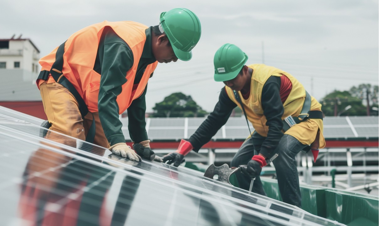 technician repairing solar panel