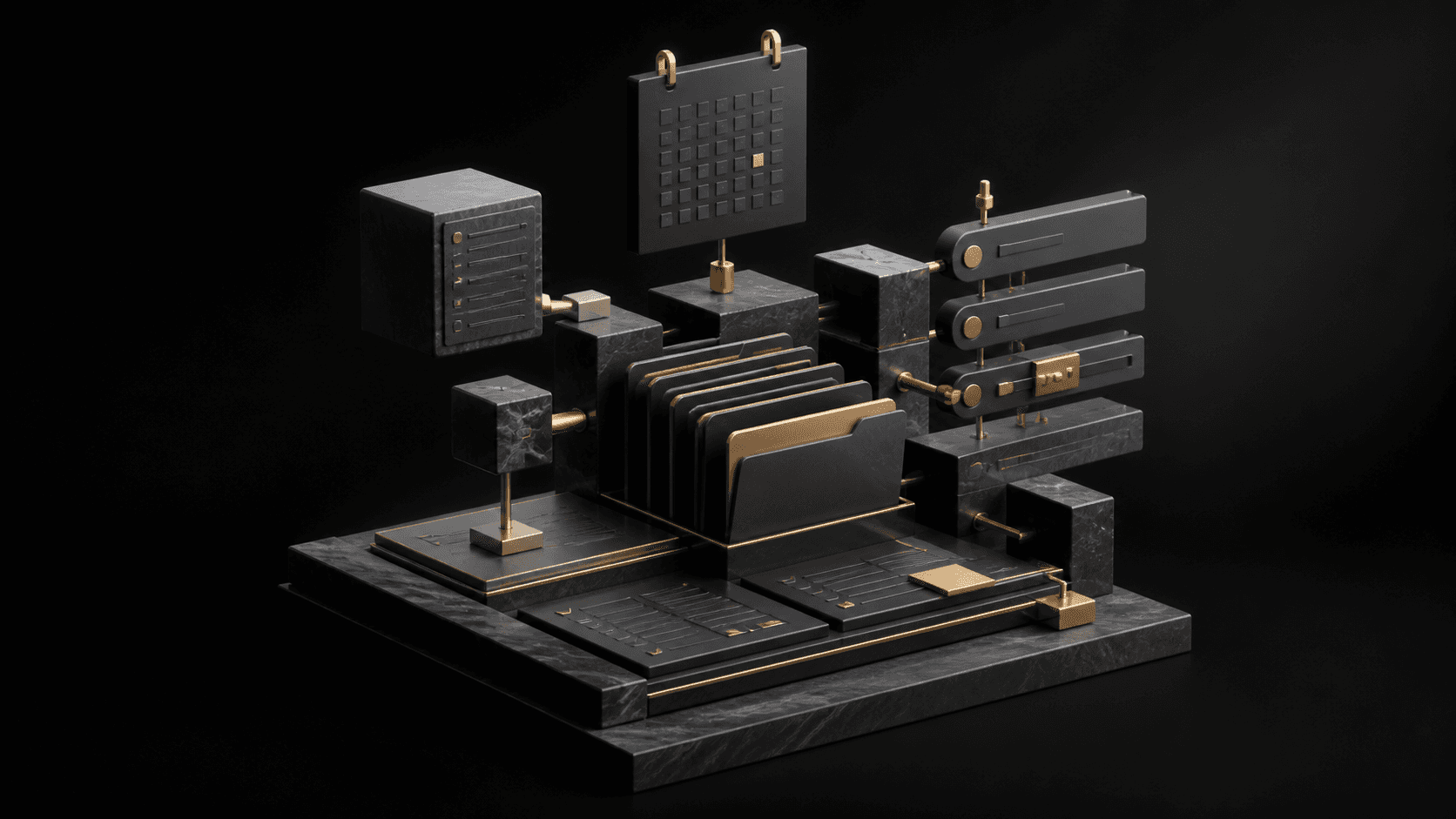 Abstract matter-management system with folders, calendar, and workflow modules assembled on a dark platform