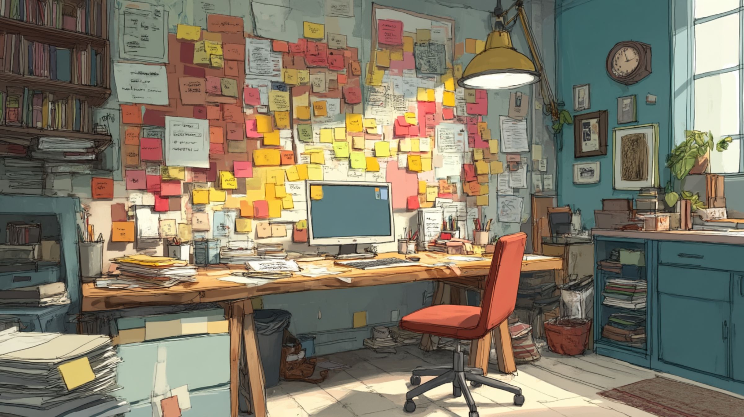 A creative studio wall covered in colorful sticky notes and ideas pinned above a desk, capturing the chaos of story before structure.