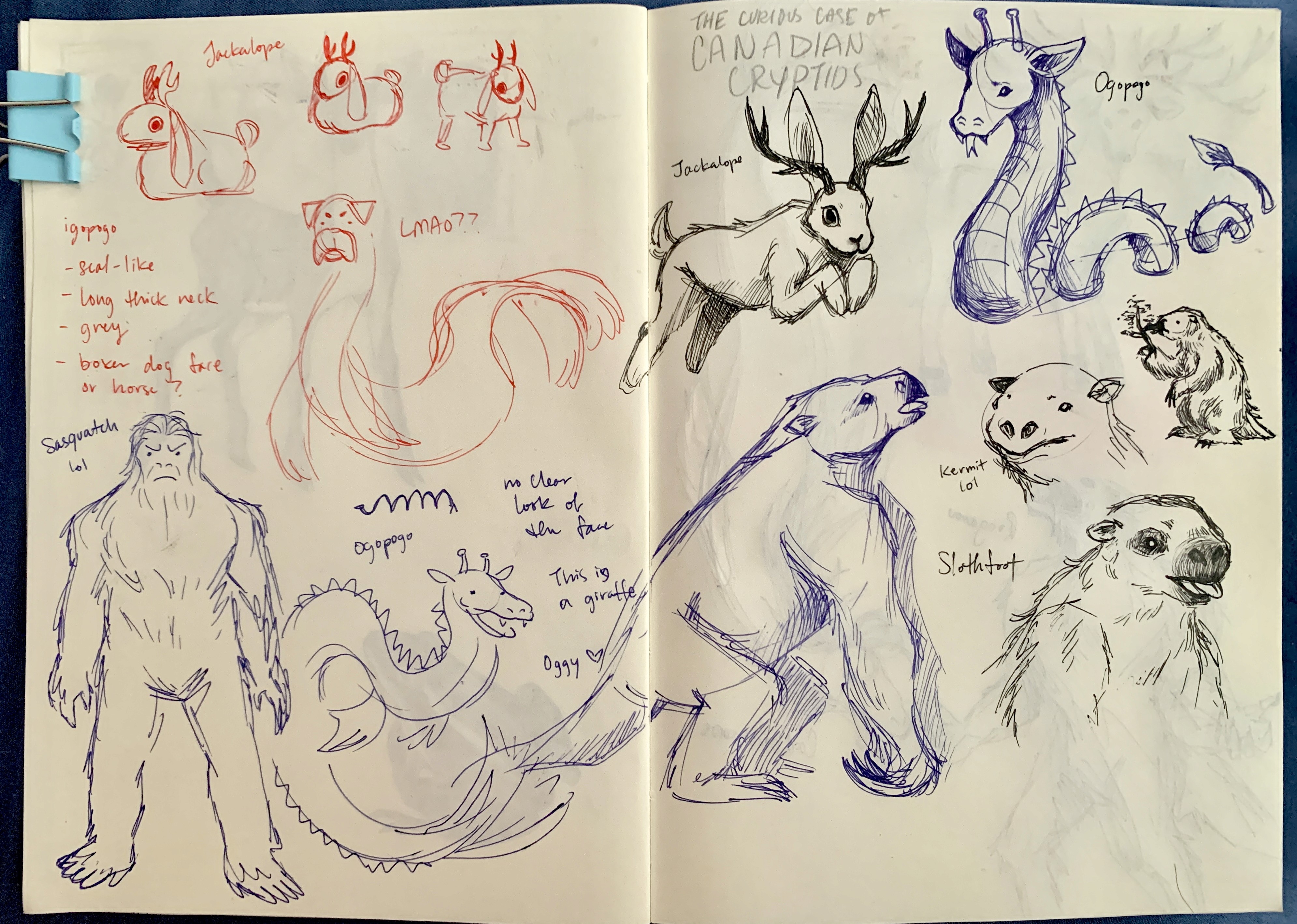 Sketches of the jackalope, sasquatch, Ogopogo, and slothfoot