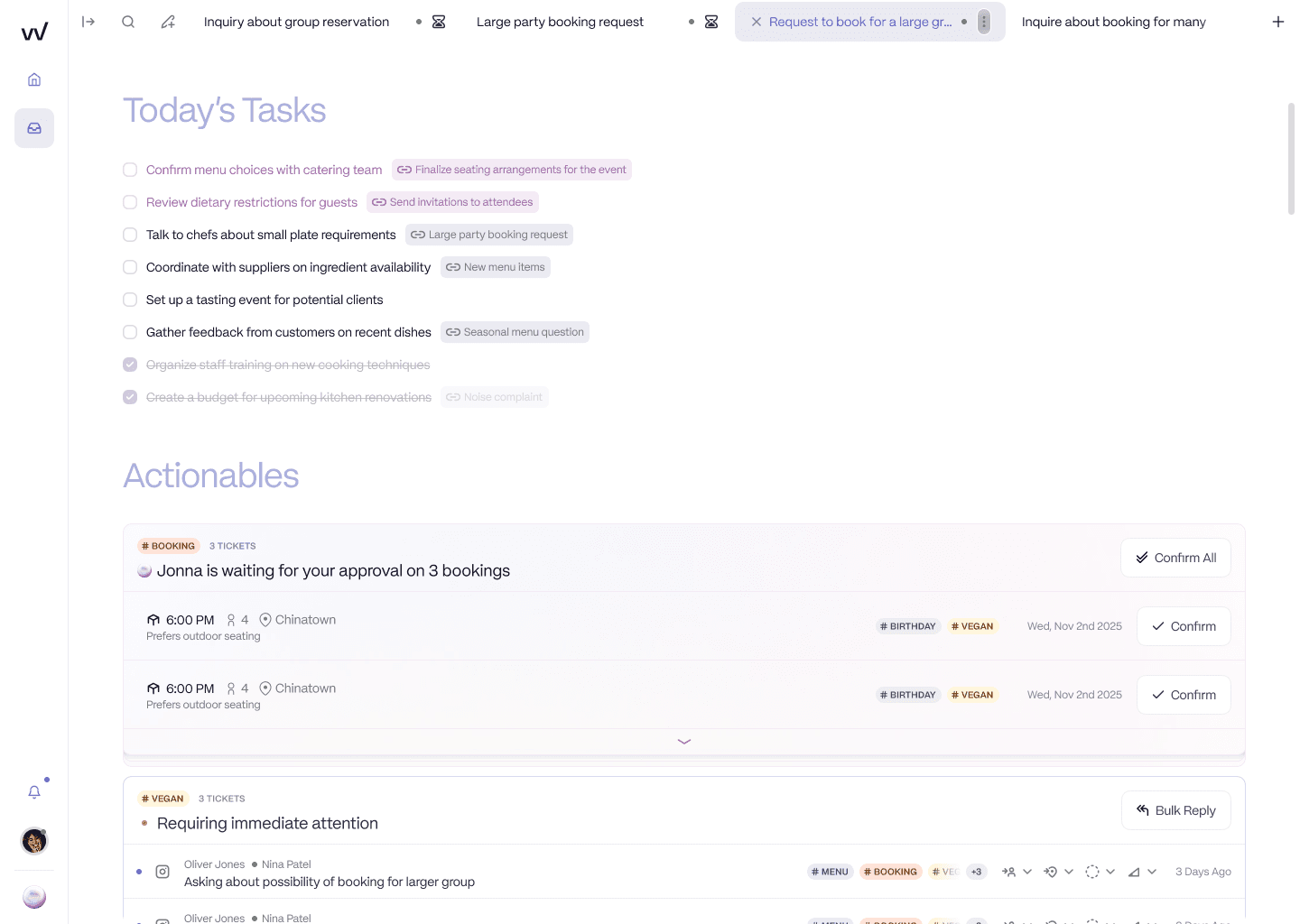 RevVue's Today's Tasks and Actionables view. The AI agent is holding three bookings for human approval, each showing party size, a dietary tag such as Vegan, and the requested date.