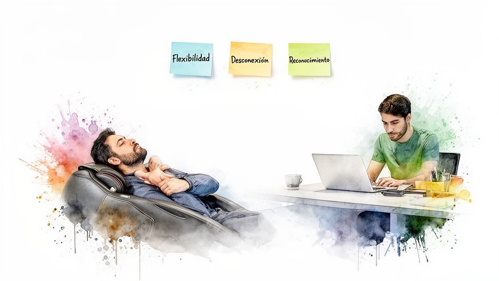 Imagen que muestra flexibilidad, desconexión y reconocimiento laboral. Un hombre se relaja mientras otro trabaja.