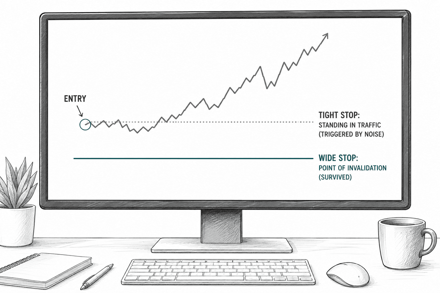 A monitor with a chart on it showing an entry point and a tight stop that is immediately triggered by noise. Underneath is another line that is a wide stop, also called the point of invalidation, which was not triggered