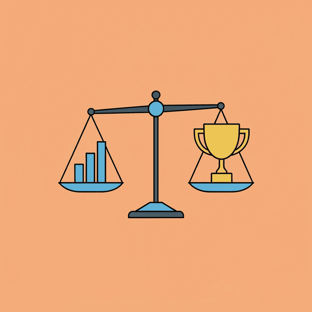 Balance scale comparing keyword rankings and traffic increases on one side versus business outcomes and revenue growth on the other