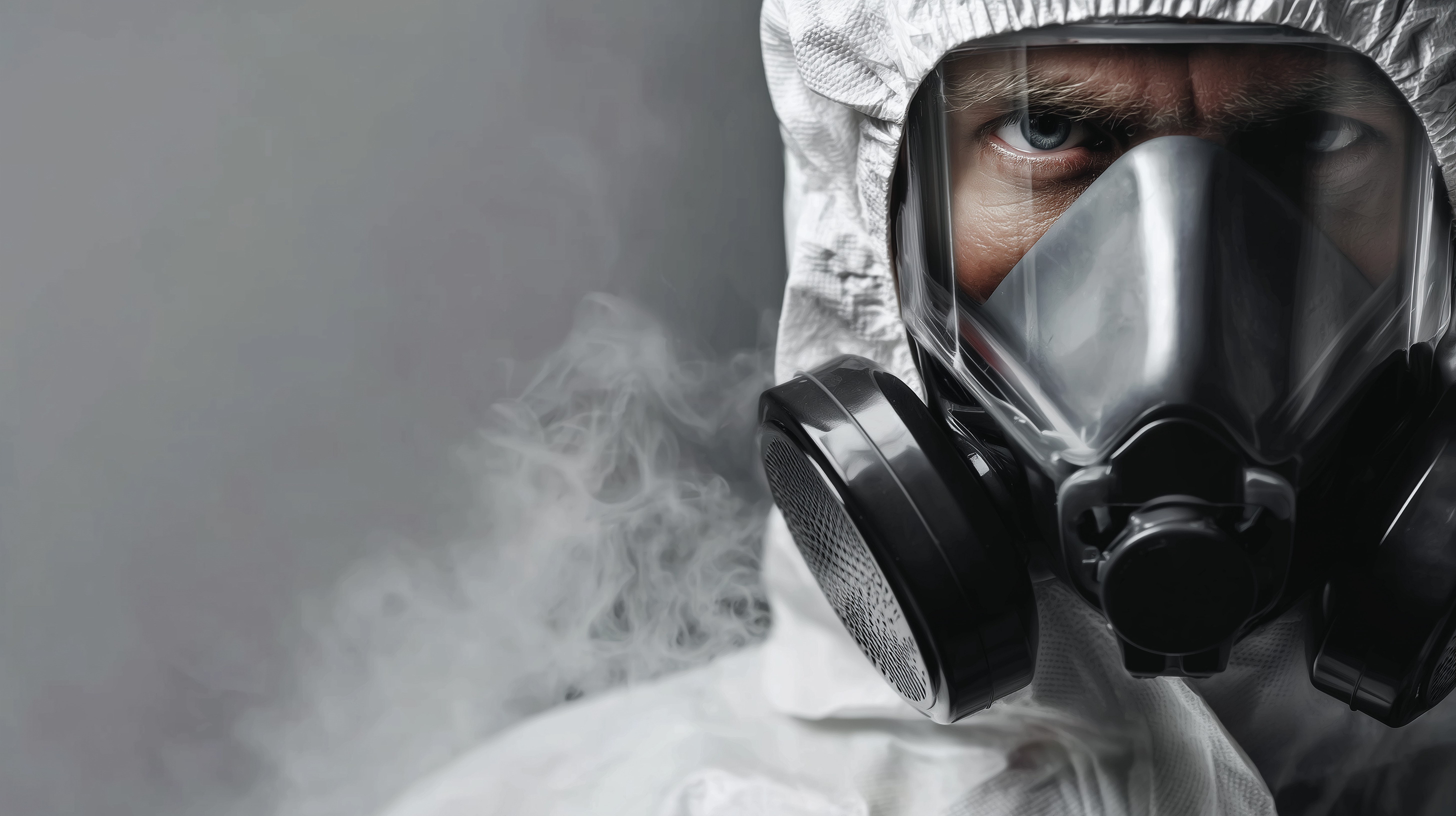 Pest control specialist in protective suit and mask
