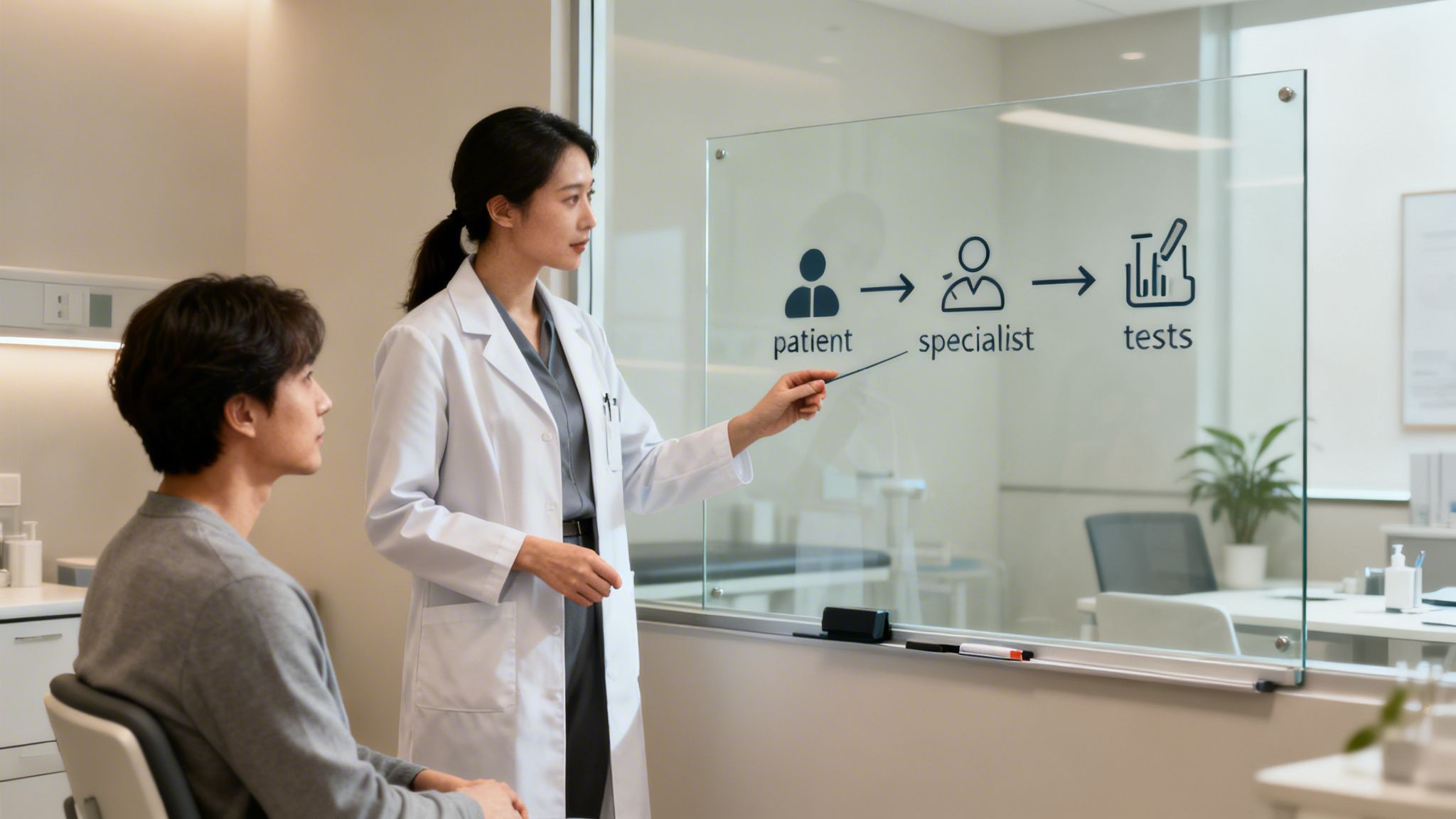 A female doctor explains a medical process to a male patient using a whiteboard in a clinic.
