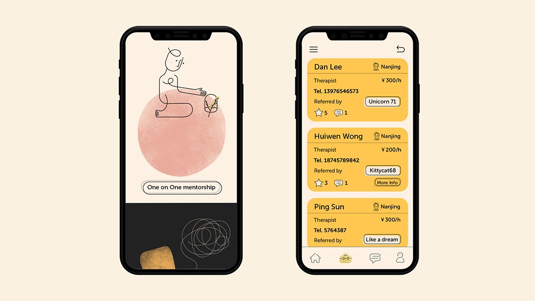 The image shows two smartphones placed side by side against a light beige background. The phone on the left displays a minimalist design with a pink circle containing a stick figure holding a smaller stick figure, and a black bar at the bottom with the text "One on One mentorship". The phone on the right shows a yellow screen with a white frame, displaying the names "Dan Lee" and "Huiven Wong" with their respective phone numbers and locations listed below. Both screens include icons for messages, contact information, and a "More Info" button at the bottom.