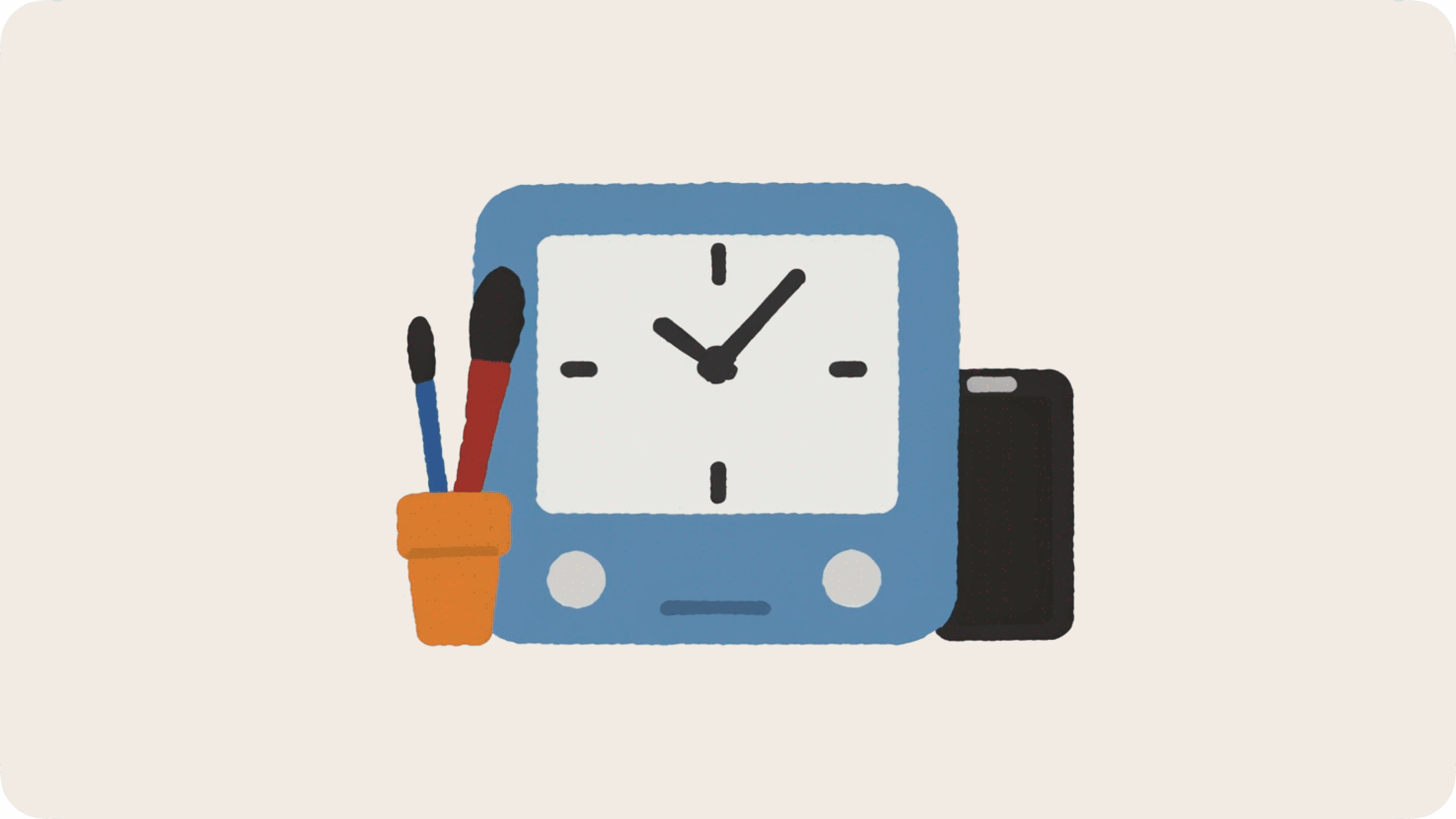 AI image with Blunge: AI-Powered Content Creation. A minimalist illustration featuring a blue computer monitor with a clock display, an orange pencil holder, and a black phone, combining clean design with hand-drawn elements.