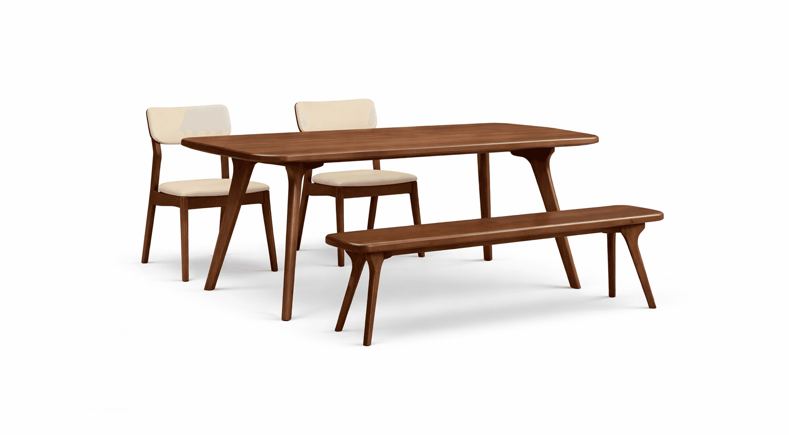 Transitional dining table with rounded corners, paired with a matching wooden bench and slim chairs