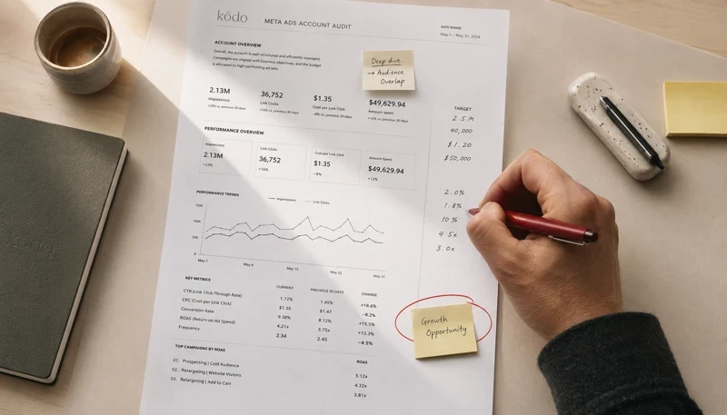 Persoon maakt notities op Meta Ads Account Audit rapport met grafieken en prestatiegegevens
