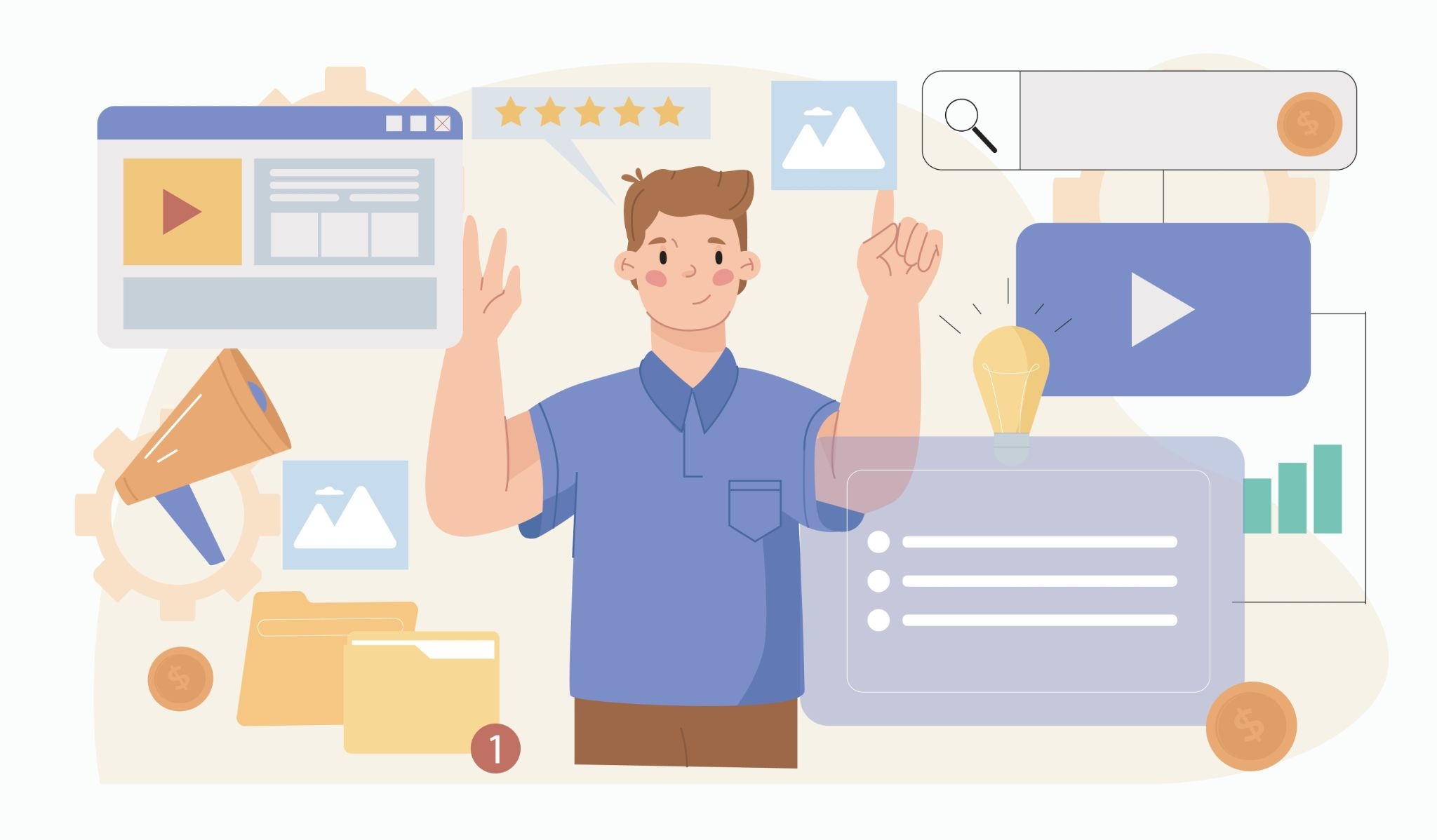 Illustration of a content creator surrounded by digital marketing elements including video, star ratings, analytics, and campaign tools.