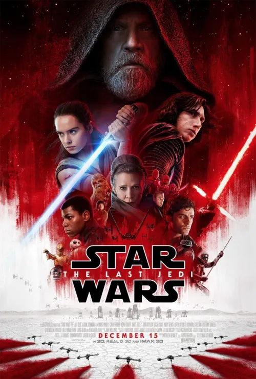 Promotional poster for Star Wars Episode VIII: The Last Jedi featuring Luke Skyalker, Rey Skywalker, Kylo Ren/Ben Solo, Leia Organa, Finn, Poe Dameron, and more