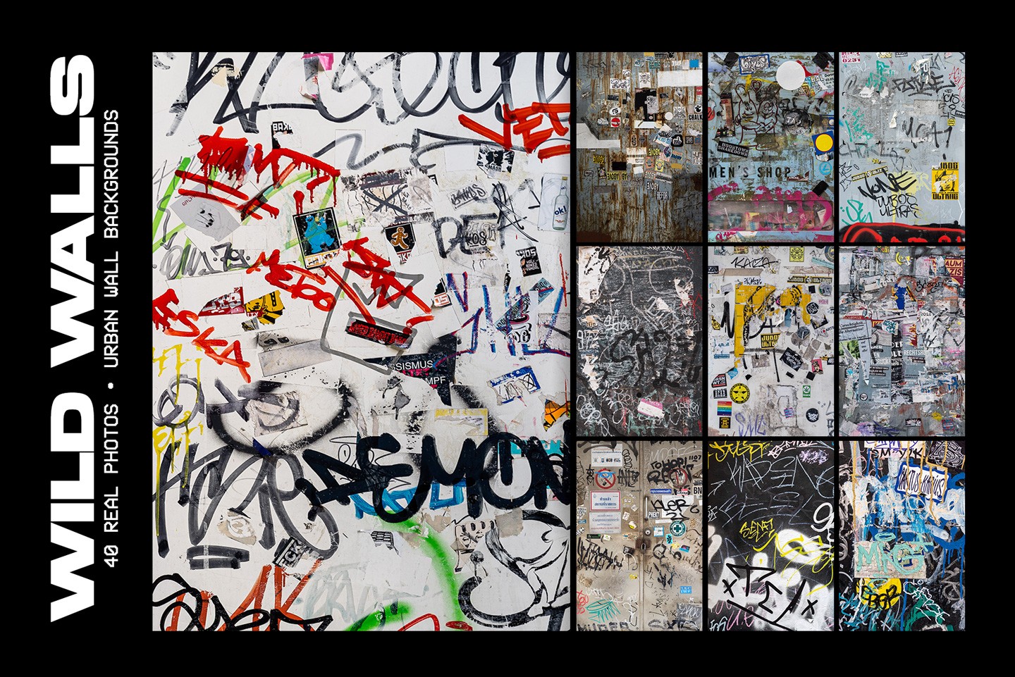 Forty high resolution real photos of urban walls covered in graffiti tags and weathered textures