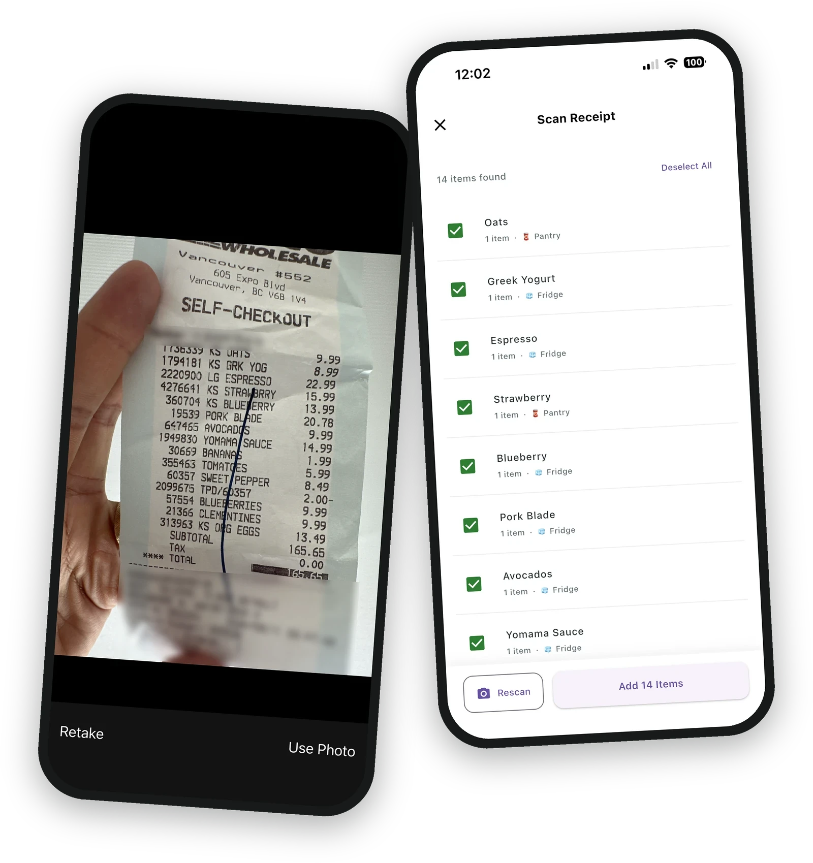 Scanning a supermarket receipt into Waguta, with the confirmation screen showing 14 items found