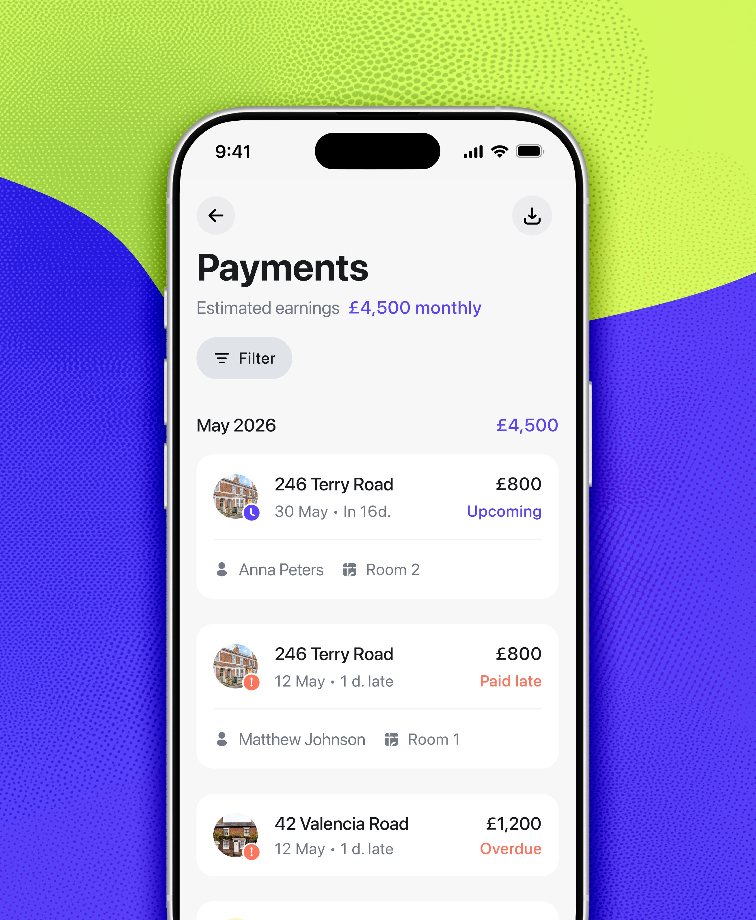 August rent tracking app showing payments dashboard for UK landlords