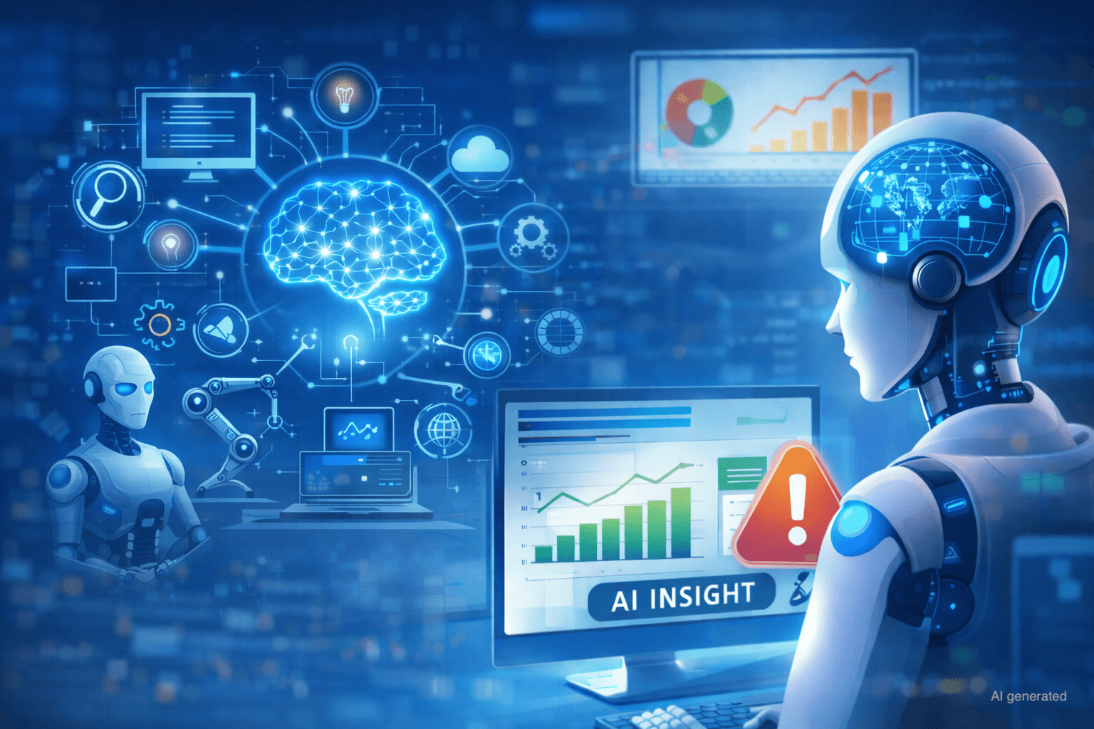 AI robot analyzing marketing dashboards with charts and AI insight warning alert