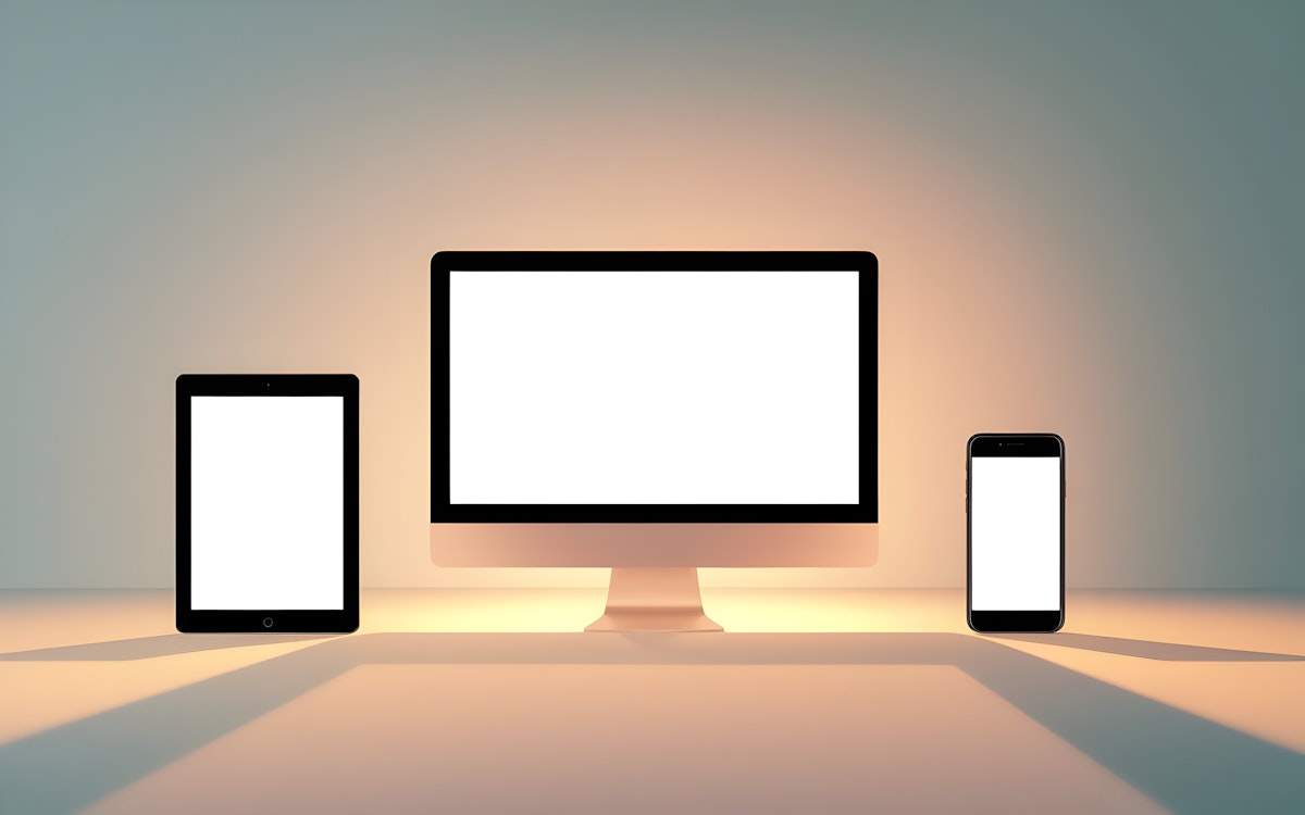 crans d’ordinateur, de tablette et de smartphone vides alignés sur une table, illustrant le responsive design, la compatibilité multi-appareils et l’accessibilité numérique
