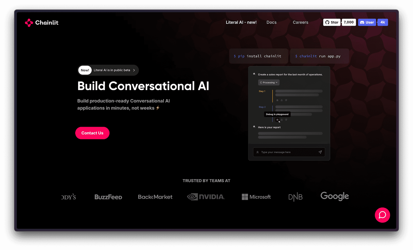 The page highlights Chainlit as a powerful framework for building conversational AI applications, featuring visuals of interactive chat interfaces, tools for LLM integration, and a call-to-action to get started quickly