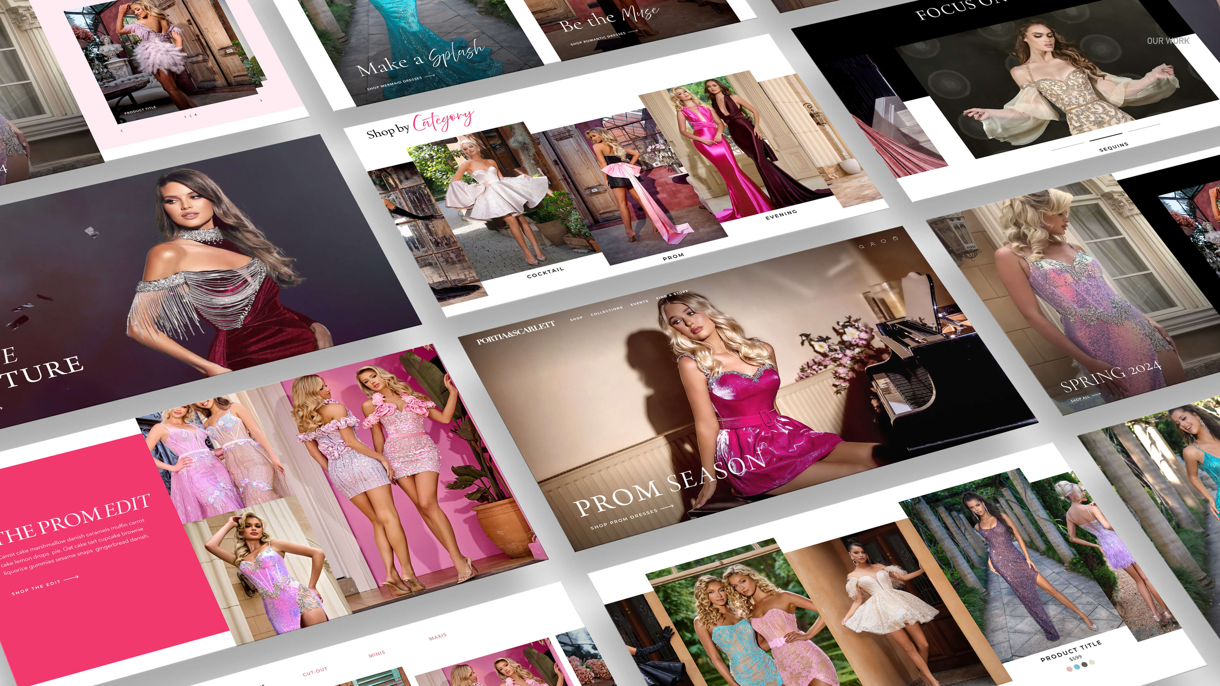 Portia & Scarlett Bridal Website Design: Luxurious e-commerce fashion site displayed on a laptop, featuring trending cocktail and formal gowns.