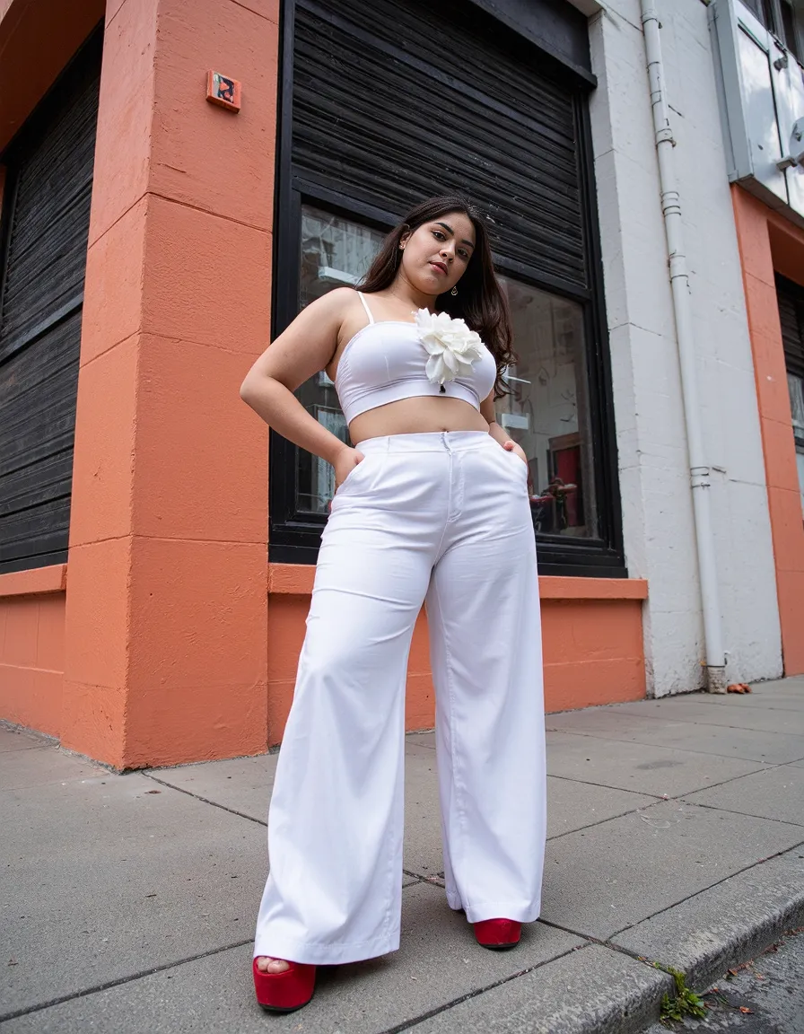 Stylish white outfit featuring crop top with floral detail and wide-leg pants paired with red platform shoes against coral building