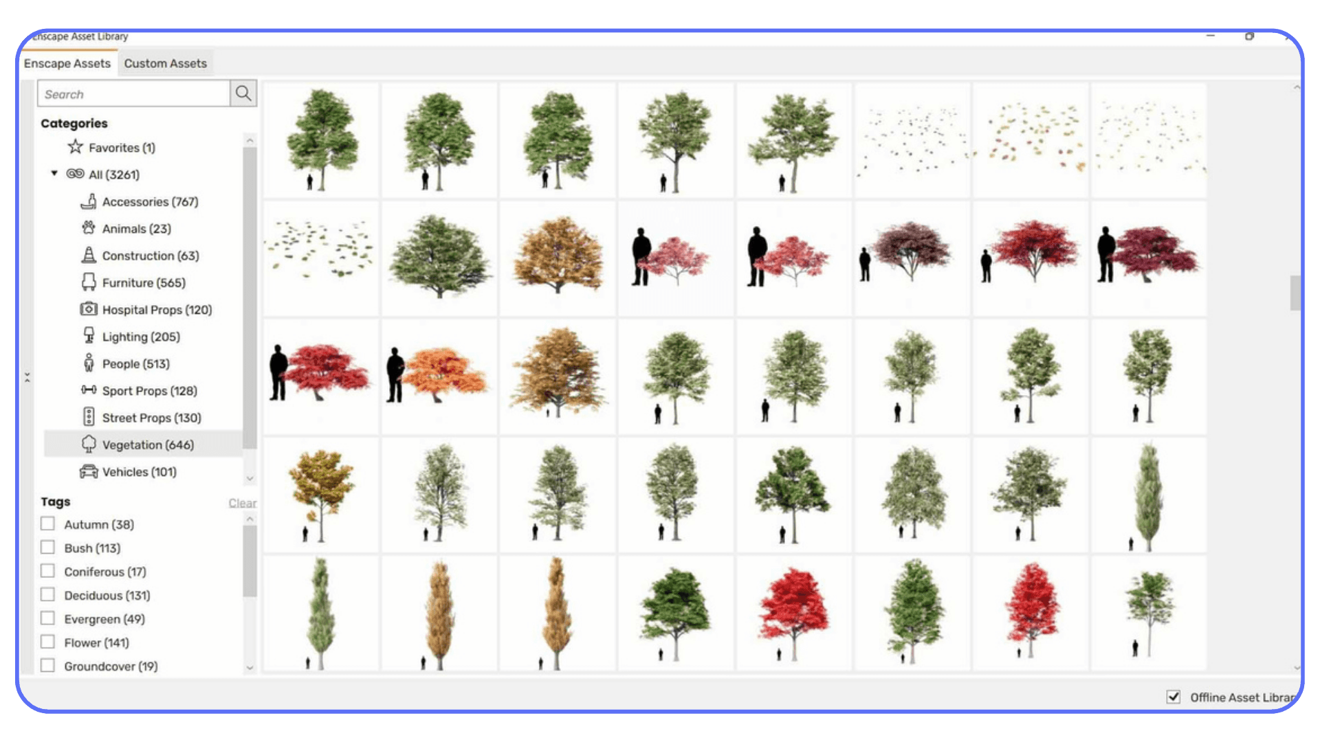 Enscape Asset Library displaying a grid of vegetation models including various trees and shrubs, sorted by categories and tags.