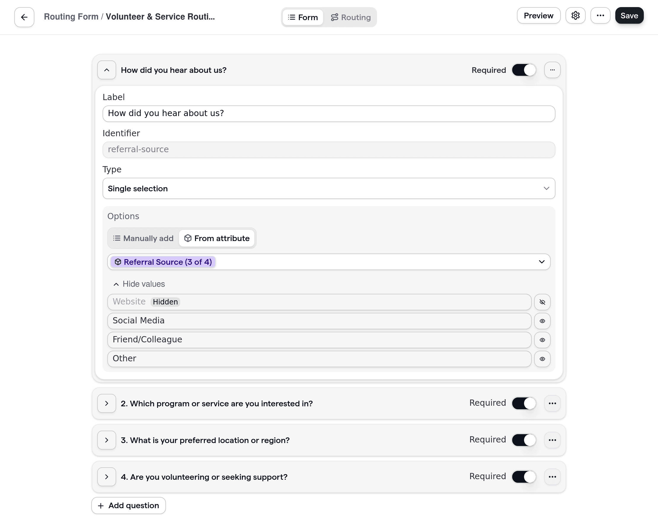 Cal.com routing form for nonprofits and community organizations, showing custom fields for volunteer programs and community services.