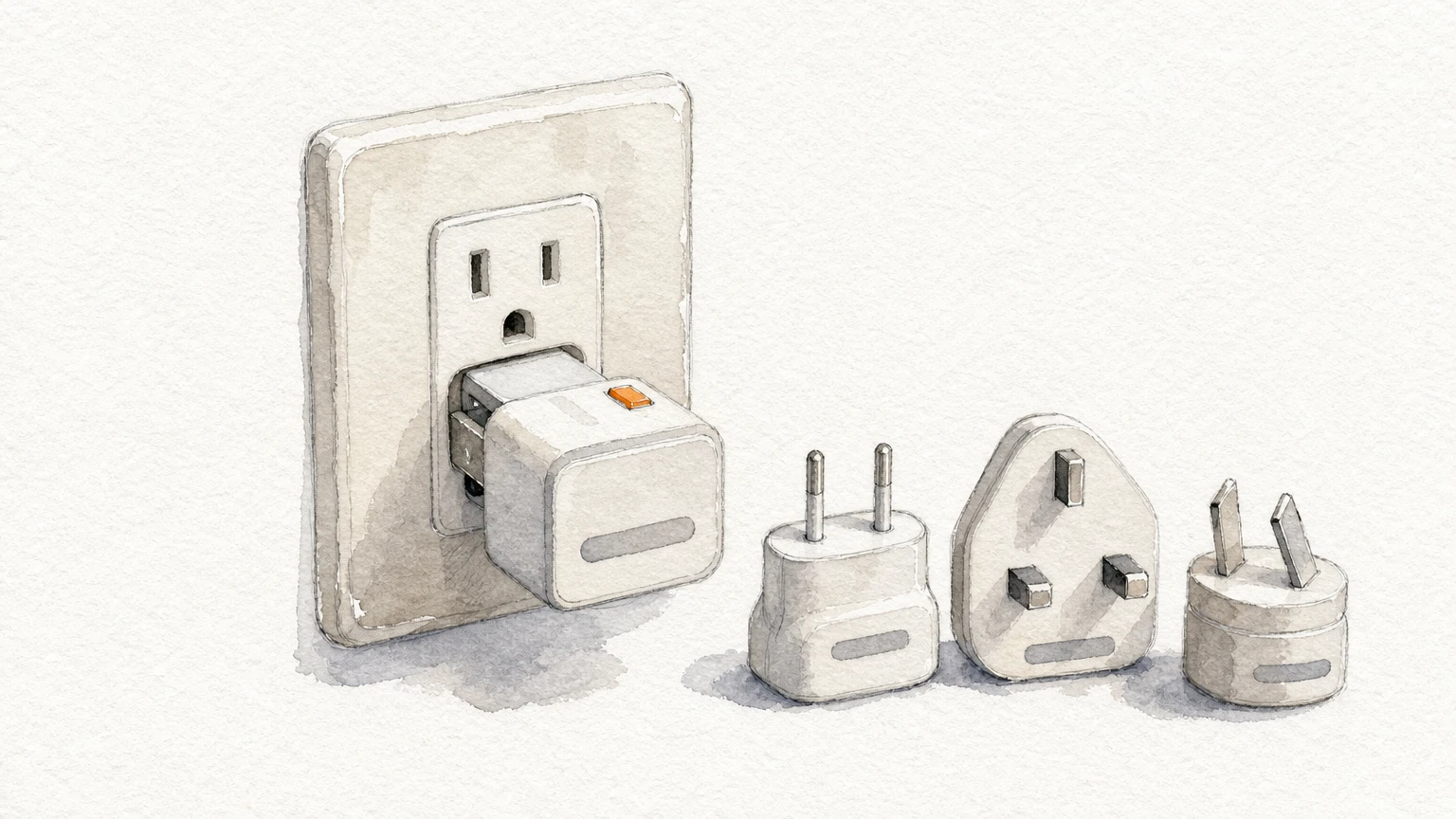 A wall outlet with several differently shaped plug adapters lined up beside it, one sliding in.
