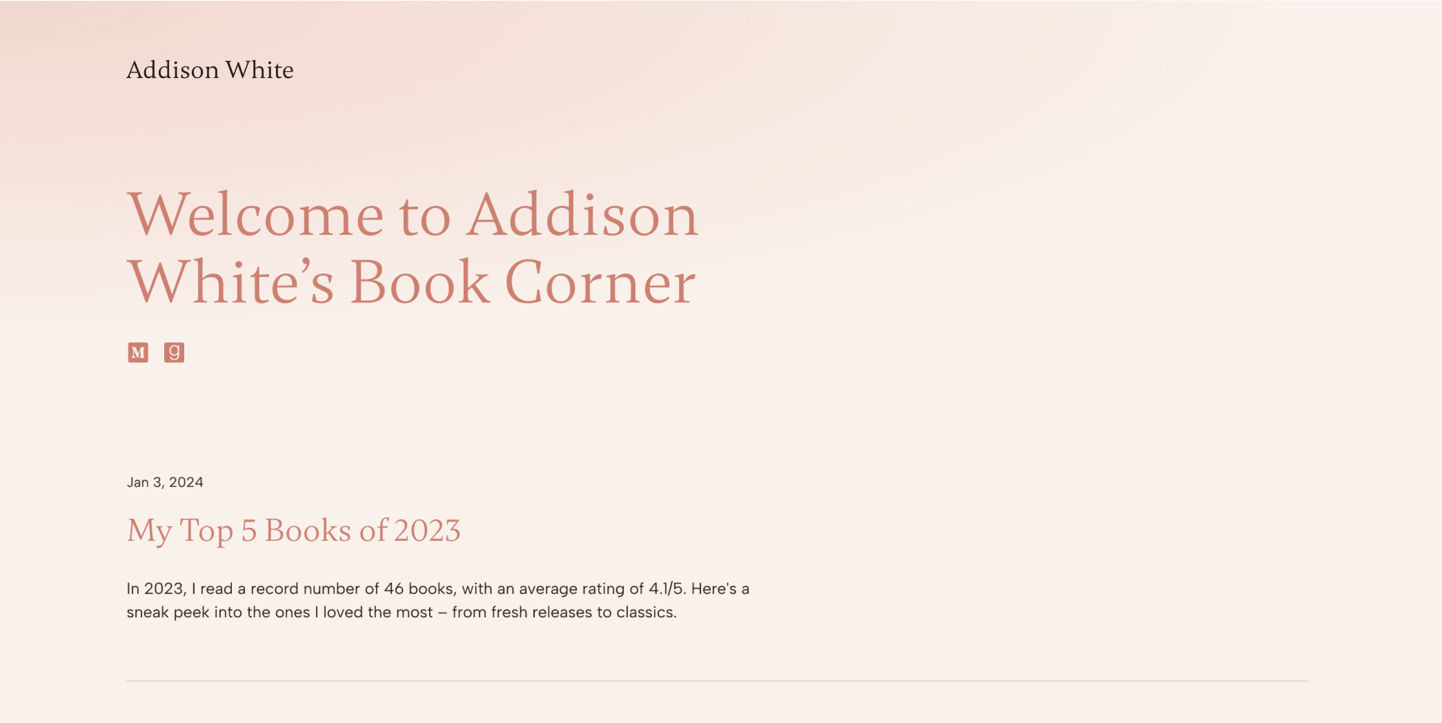 A blog made with Copyfolio, showing the homepage of the blog website, with a tagline, then a published blog post right underneath.