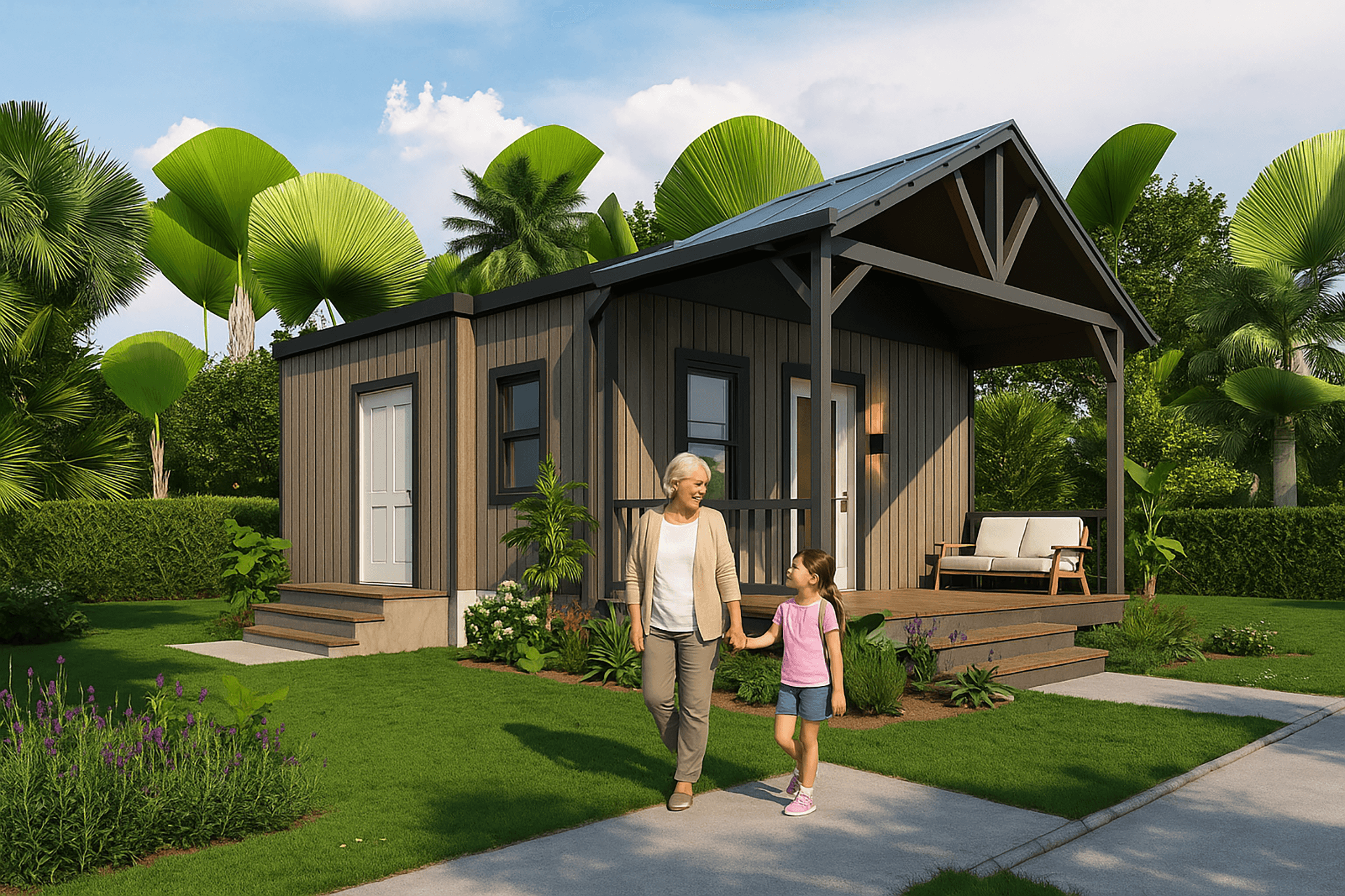 Grandmother and child walking near a small backyard ADU guest cottage in a residential yard.