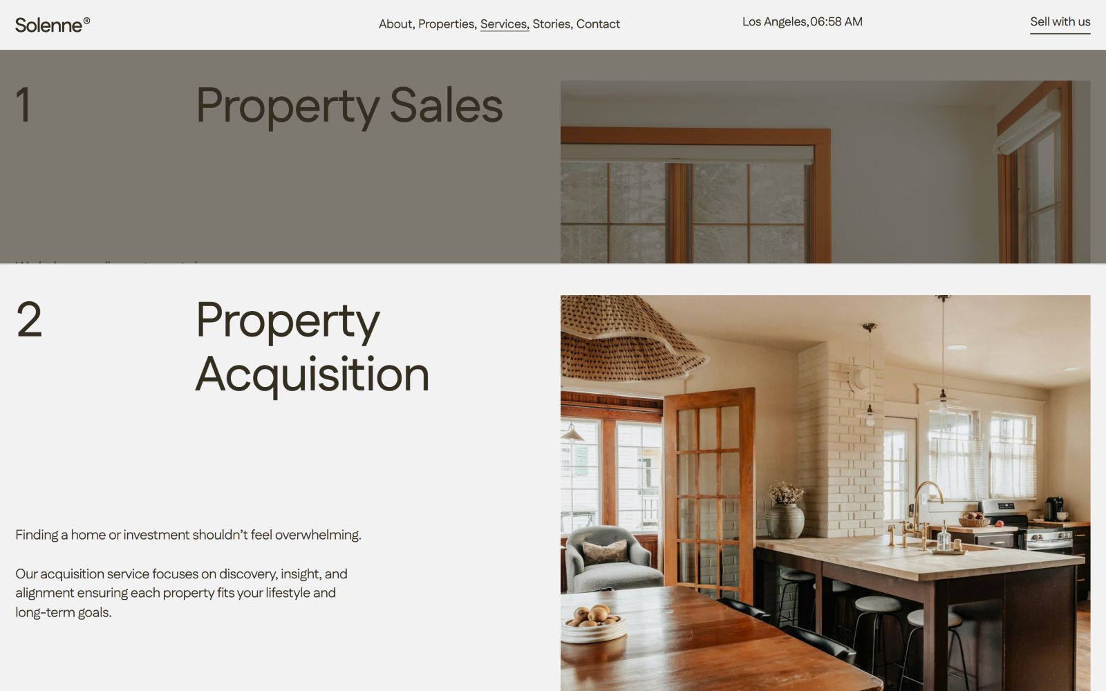 Modern kitchen with wooden dining table, black island, light fixtures, and French doors. Text: "2 Property Acquisition." Solenne website layout.