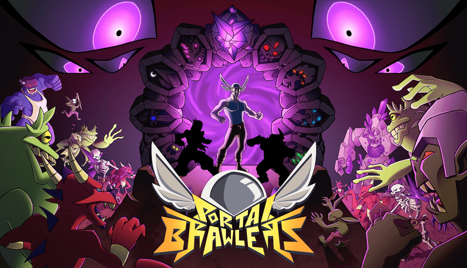 Fantastical monsters gather around a swirling purple portal where three epic heroes stand guarding it.