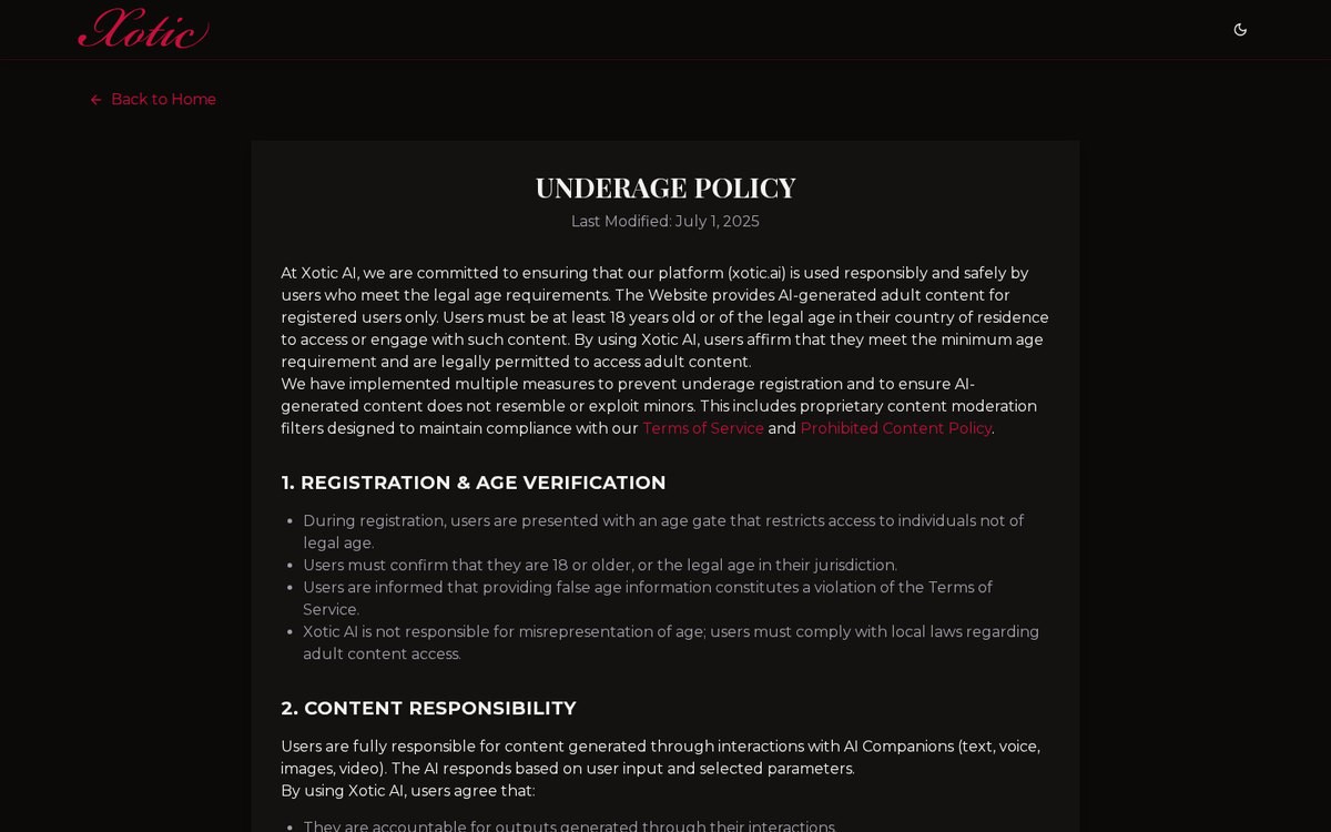 Xotic AI’s underage policy page, which sets the 18+ requirement that also gates the plan guide and rate card, September 2026.