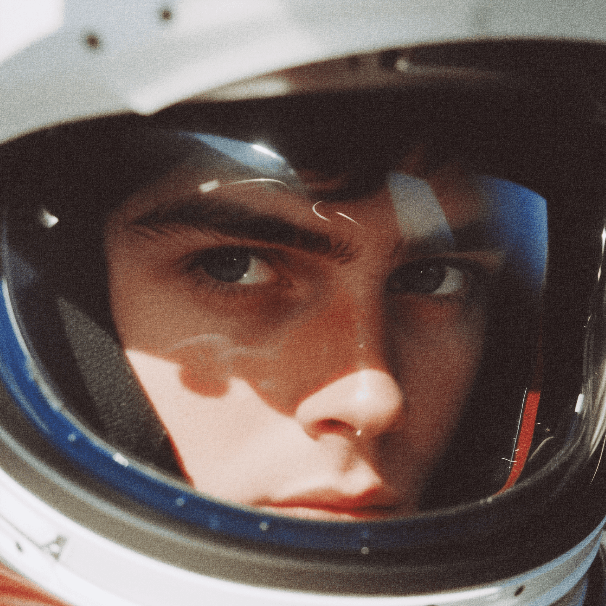 A close-up photo of an astronaut's face in the helmet, 1990s style., adding depth to their features and gaze. Their eyes sparkle as they look out into the distance. They have short brown hair. There's no text or logo visible on the outside of it, highlighting only its shape and texture., reflected in the visor