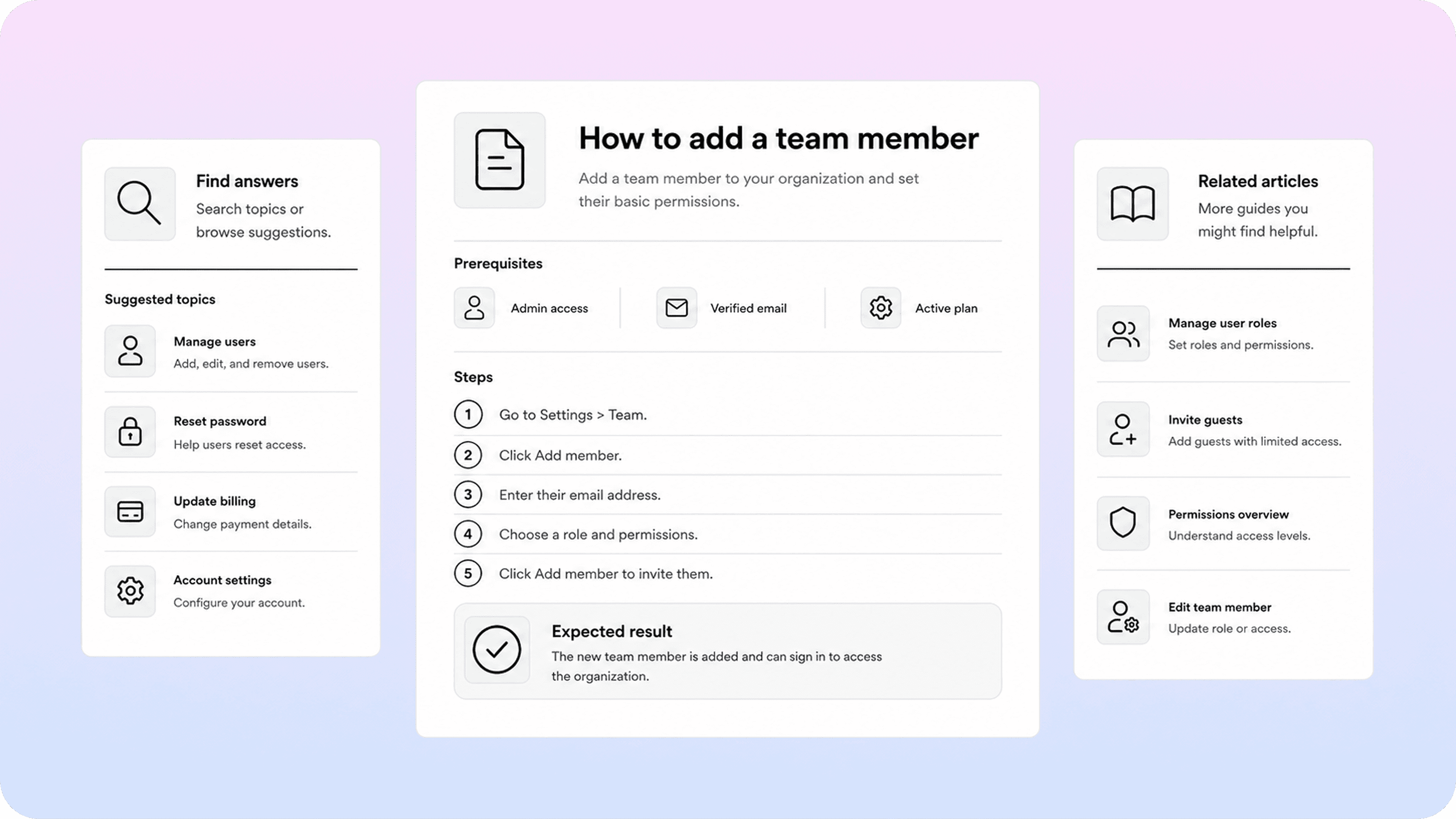 Simplified documentation UI mock showing a task-first article layout with prerequisites, steps, expected result, and related articles.