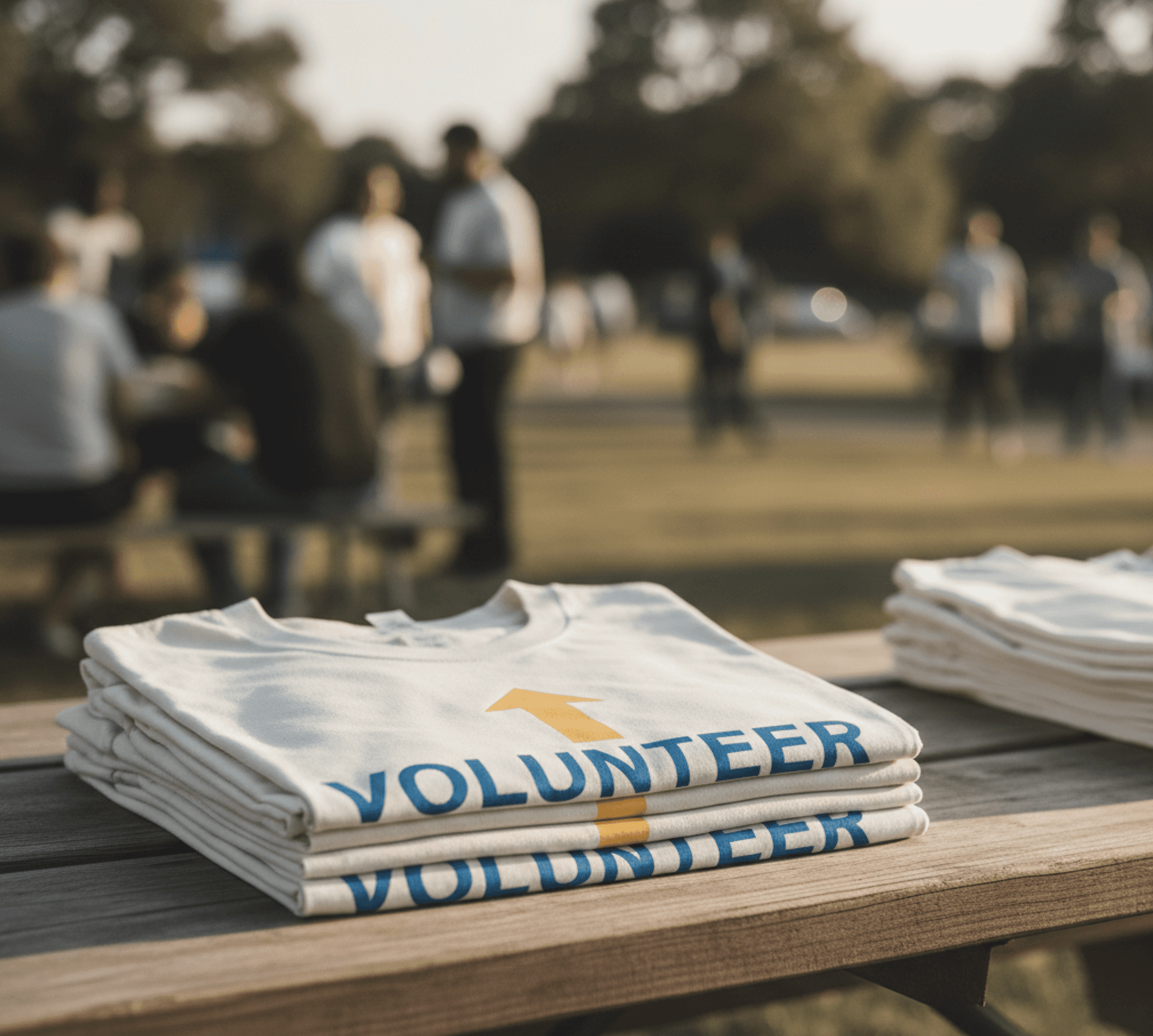 Stack of volunteer t shirts ready for giveaway to the helpers at the event