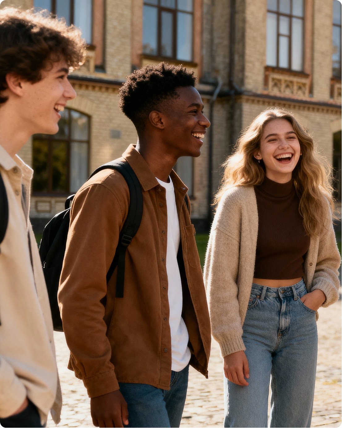A collection of college students walking around university grounds.