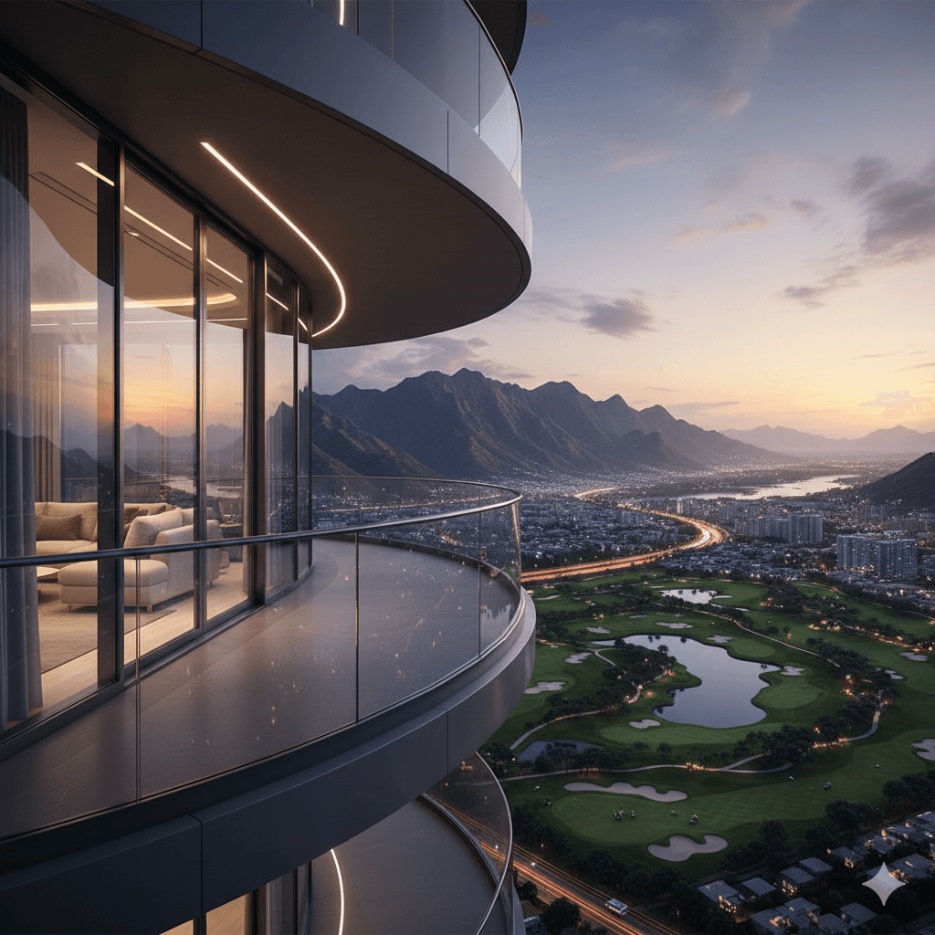 High-rise balcony view of Aravalli hills and golf course at Sector 79.