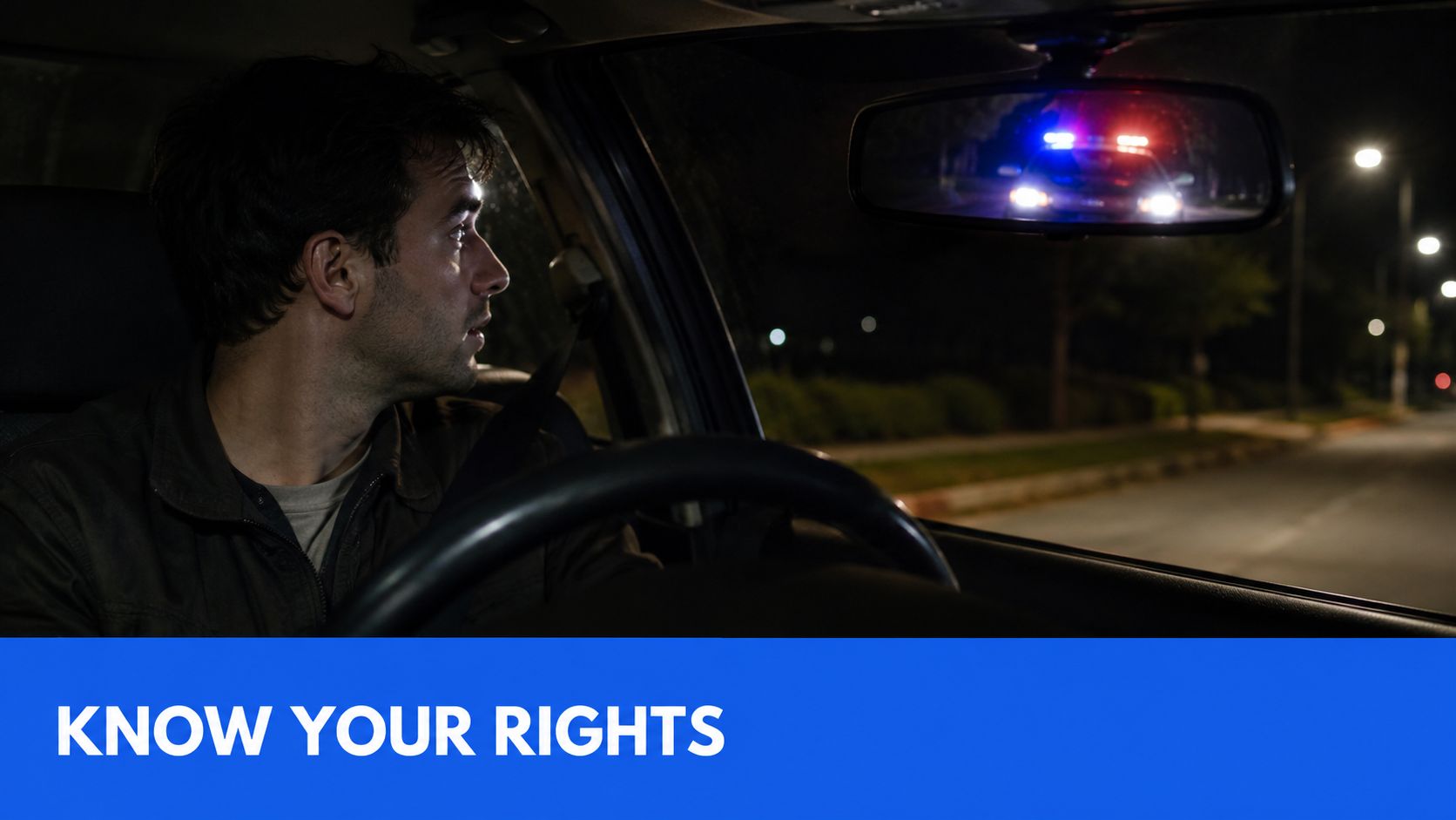 A man driving his car at night glancing at a police car's flashing lights in his rearview mirror.
