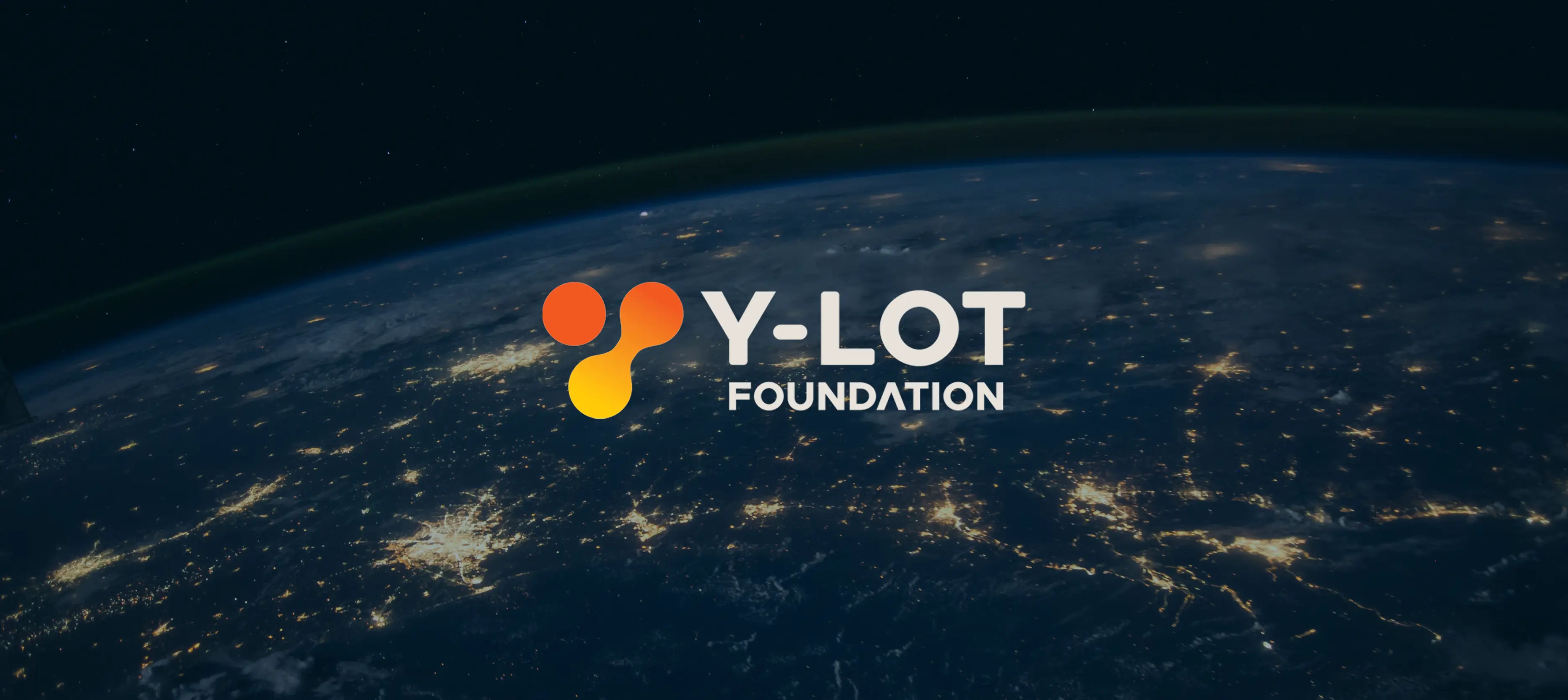 Y-LOT Foundation visual identity hero – interconnected overlapping shapes in warm orange-purple gradient on starry Earth background symbolising Deep Tech unity and innovation by Teatime Studio.