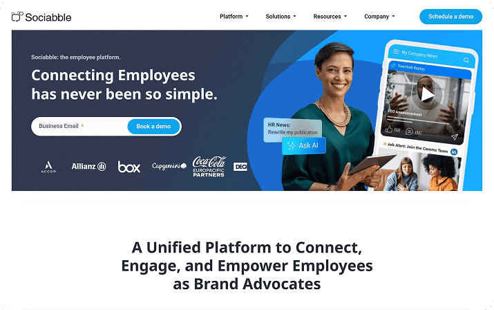 Socciable's landing page, displaying the platform's MVP: connecting, engaging, and empowering employees as brand advocates