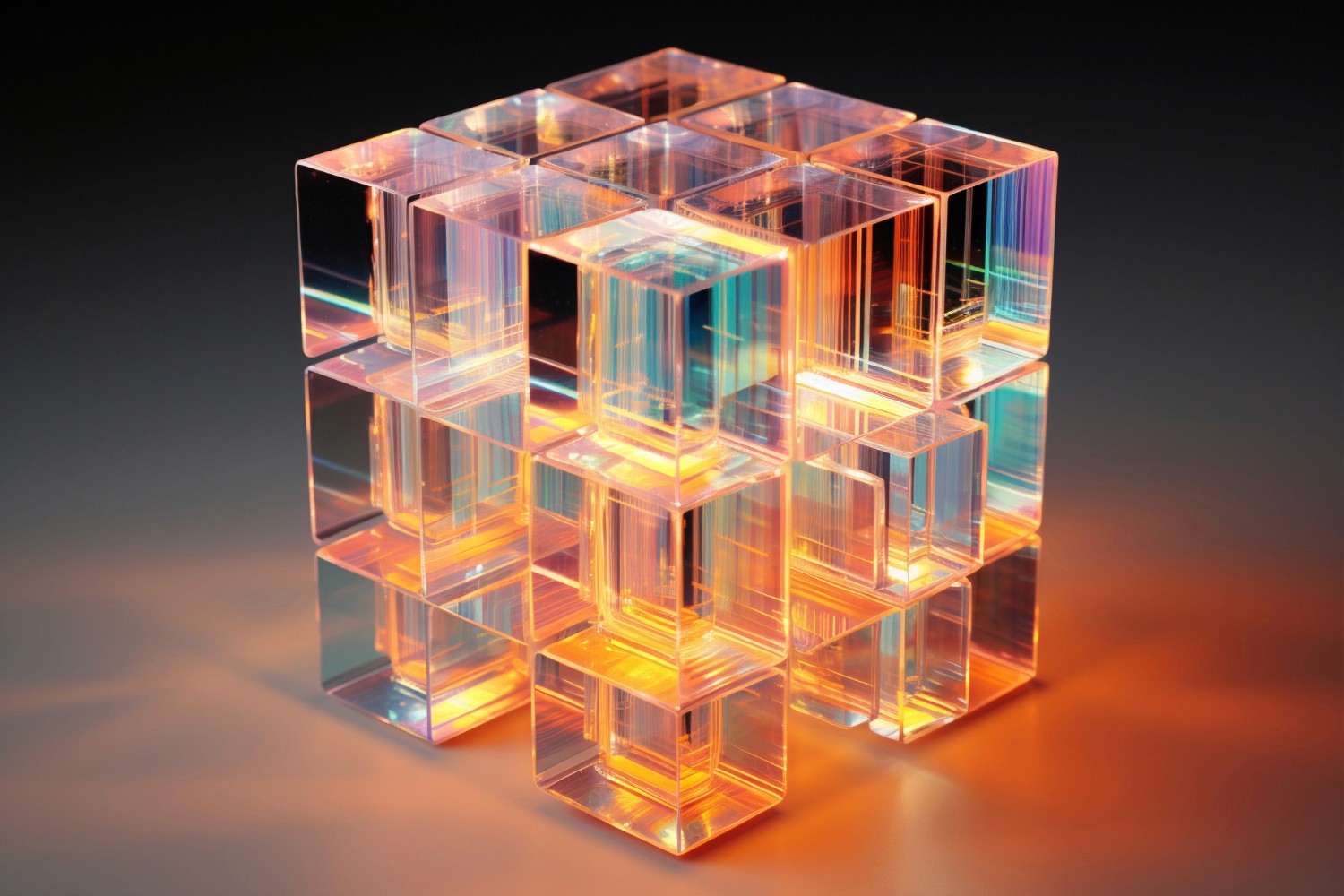 A glowing, transparent cube structure composed of smaller interlocking cubes, each reflecting light with various hues of orange, yellow, and green. The intricate design gives a futuristic, digital appearance under a gradient, dark-to-light background.