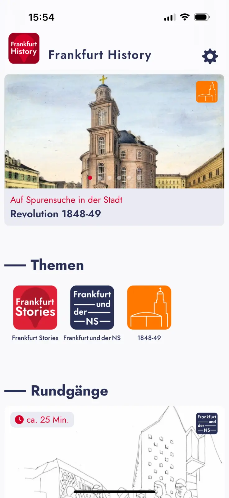 Screenshot der FH-App mit Übersicht der Themenfelder "Themen" und "Rundgänge"
