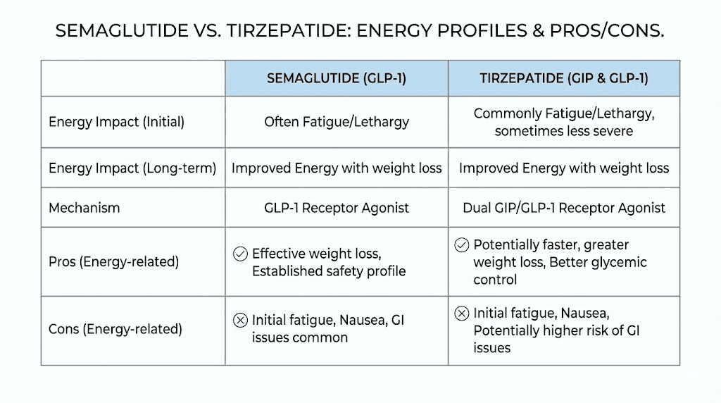 Semaglutide vs tirzepatide comparison chart for energy and fatigue effects