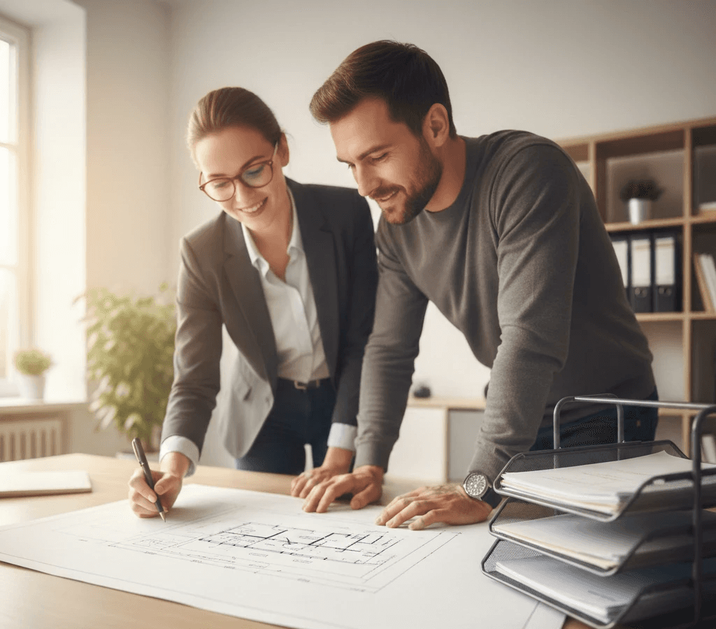Deux professionnels, un homme et une femme sont penchés sur une grande table en bois clair. Leurs regards concentrés, des sourires traduisent leur complicité. Au centre, un plan architectural détaillé est étalé. Le projet est validé. La femme à gauche tient un stylo, elle s'apprête à signer ou à faire une dernière annotation. à droite, un organiseur de bureau contient des documents bien classés. Tout est prêt pour l'étape suivante. En arrière-plan, une étagère minimaliste accueille quelques cartable et une plante verte. La lumière vient d'un côé, elle crée des ombres.