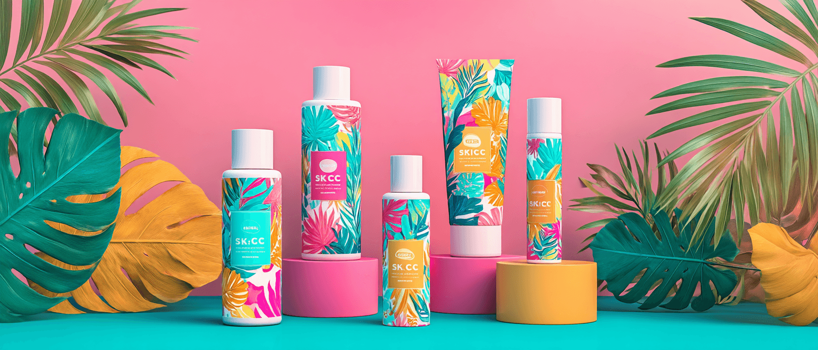 Colorful bottles of beauty products against a vibrant pink background with tropical foliage accents.