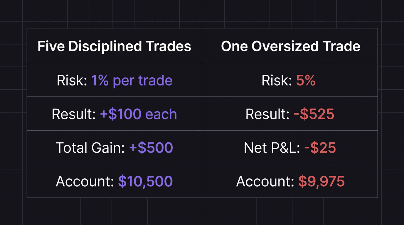 Comparison table showing five 1% wins versus one 5% loss with net result