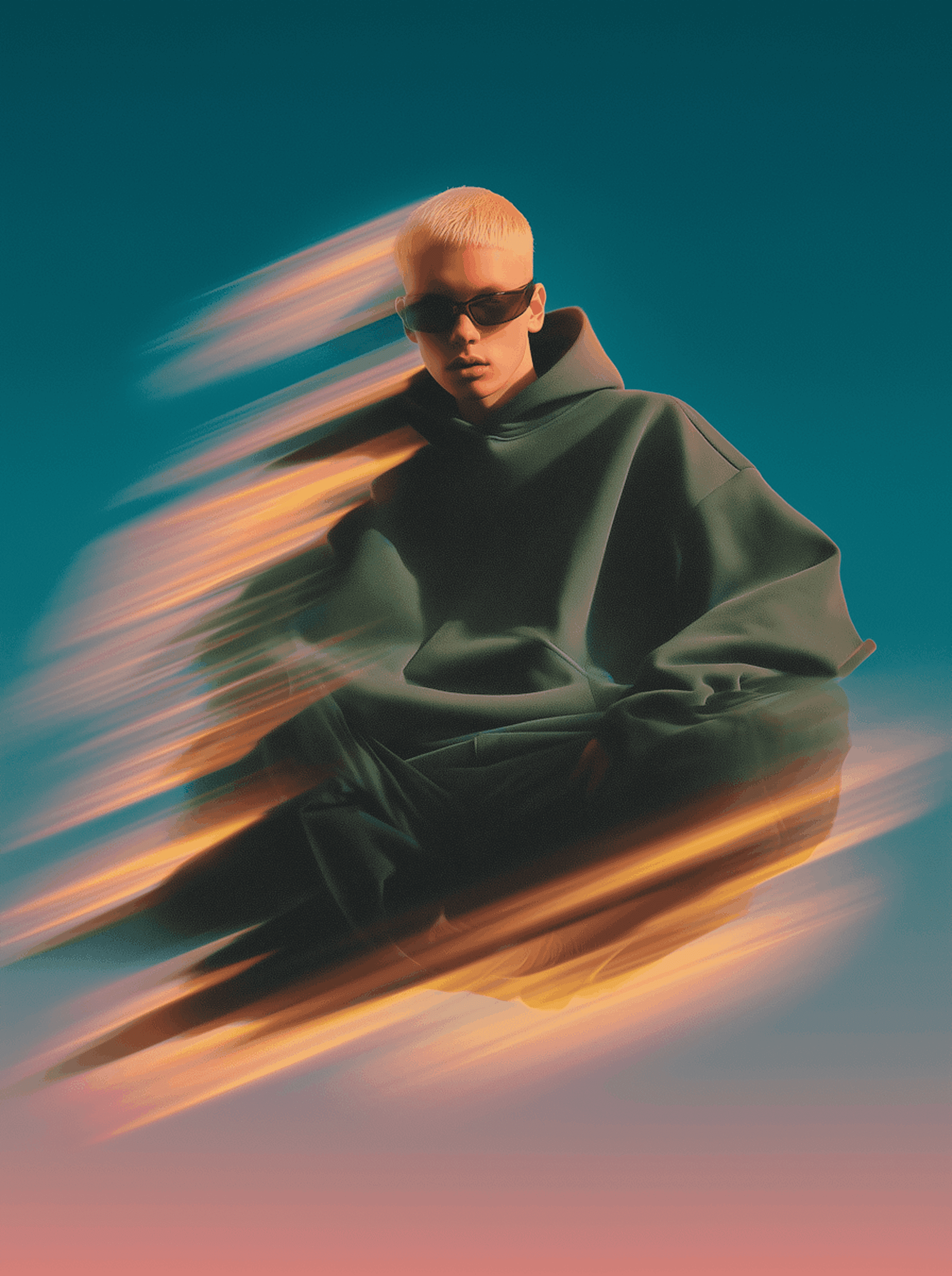 A man in a hoodie and sunglasses is seated on a chair, appearing calm and comfortable.