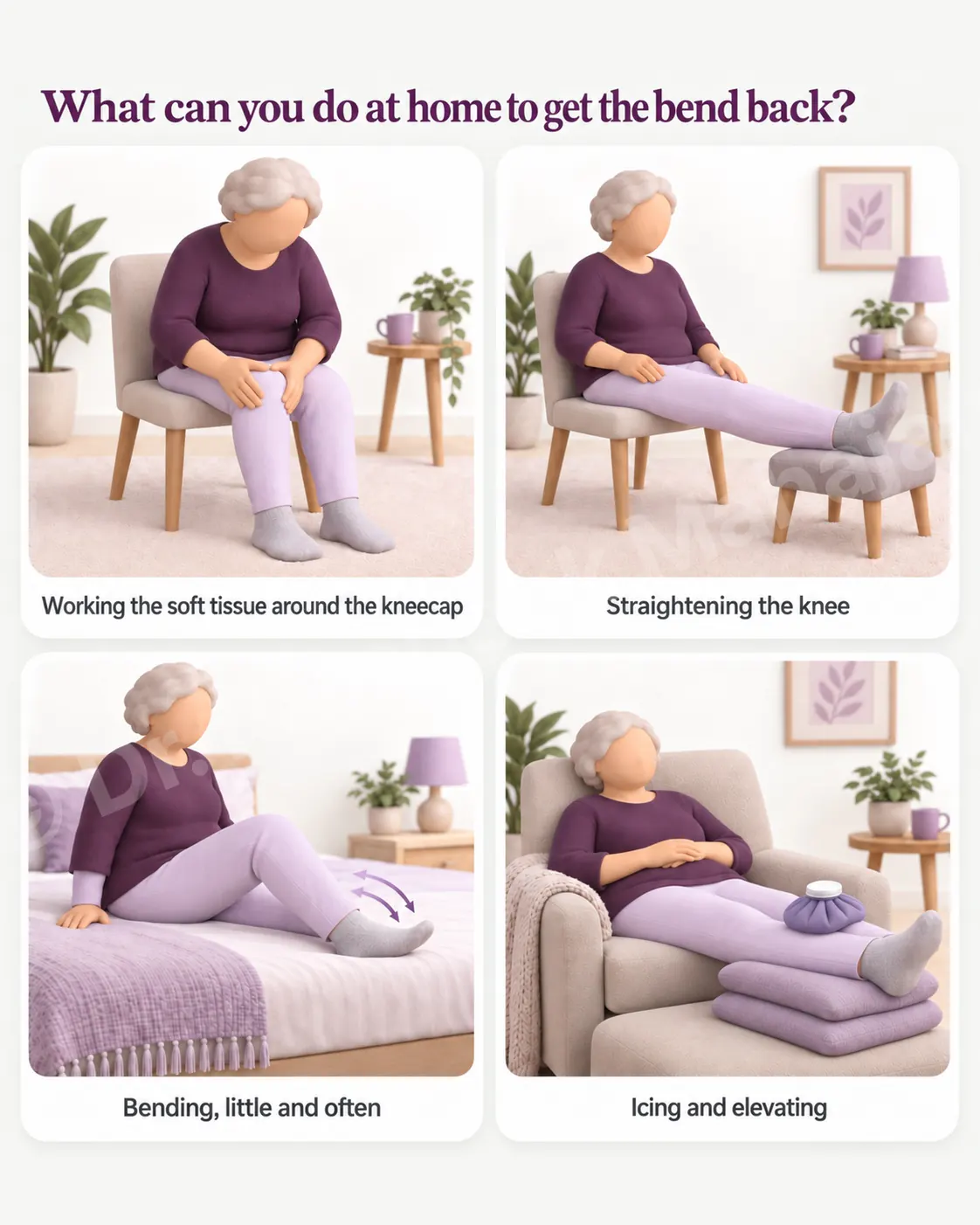 Four kinds of home work get a stiff knee bending again - soft tissue, straightening, short frequent bends, and ice.