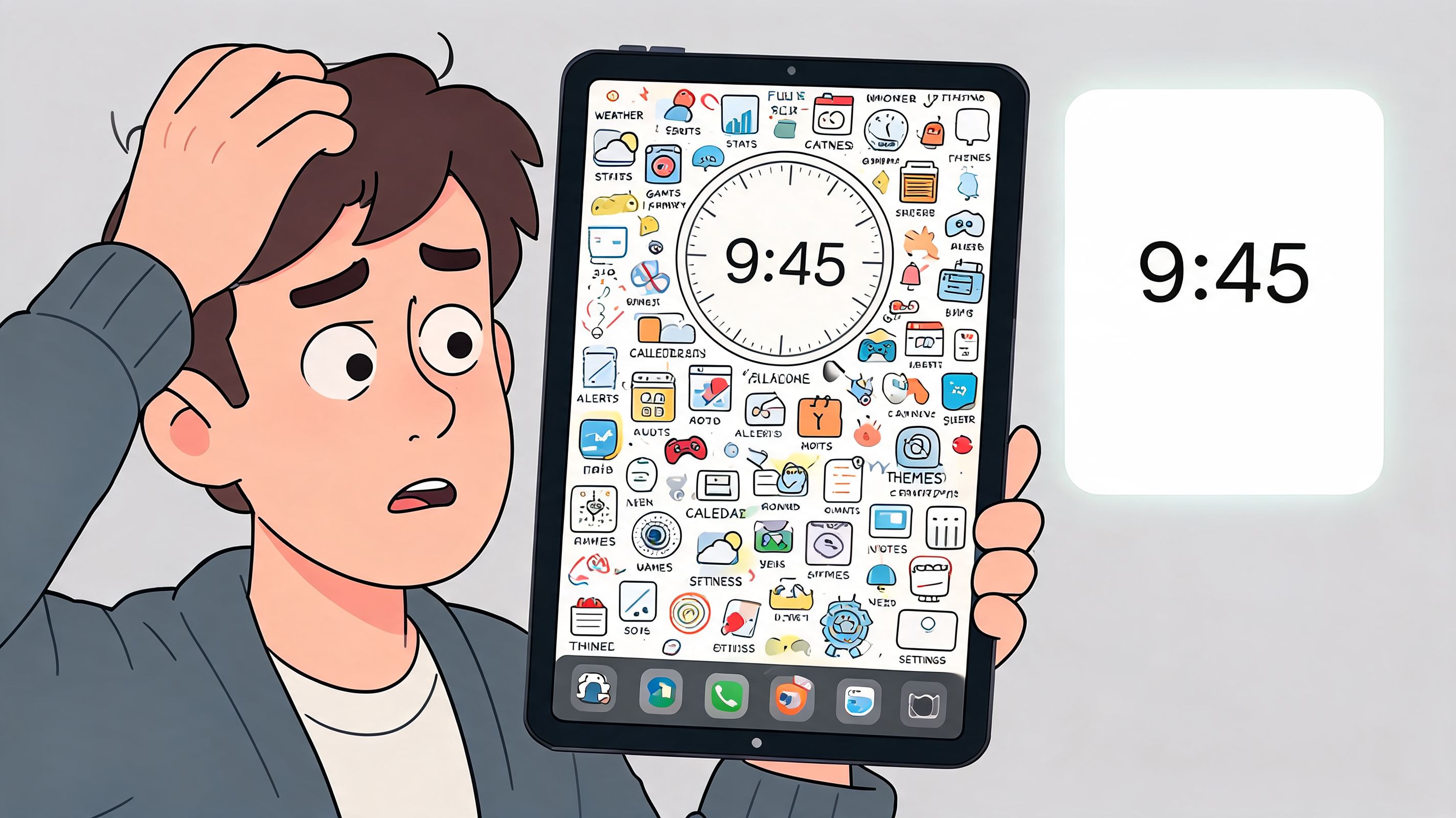 A confused young man holding a tablet displaying many app icons and the time 9:45.